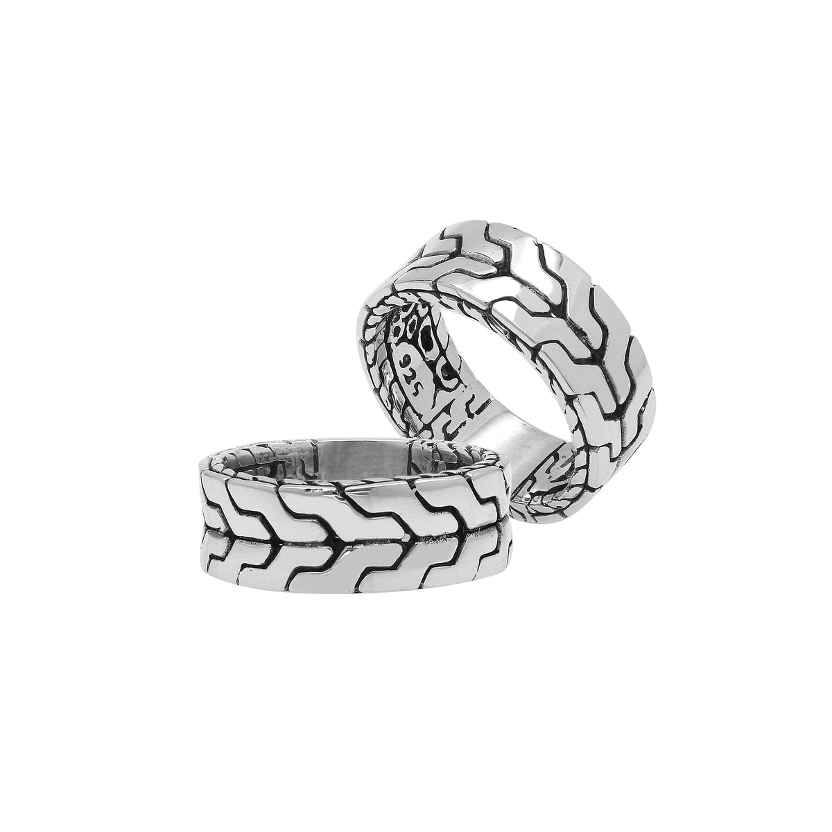 Sterling silver wide band ring with geometric pattern and oxidized accents – unisex artisan statement jewelry.