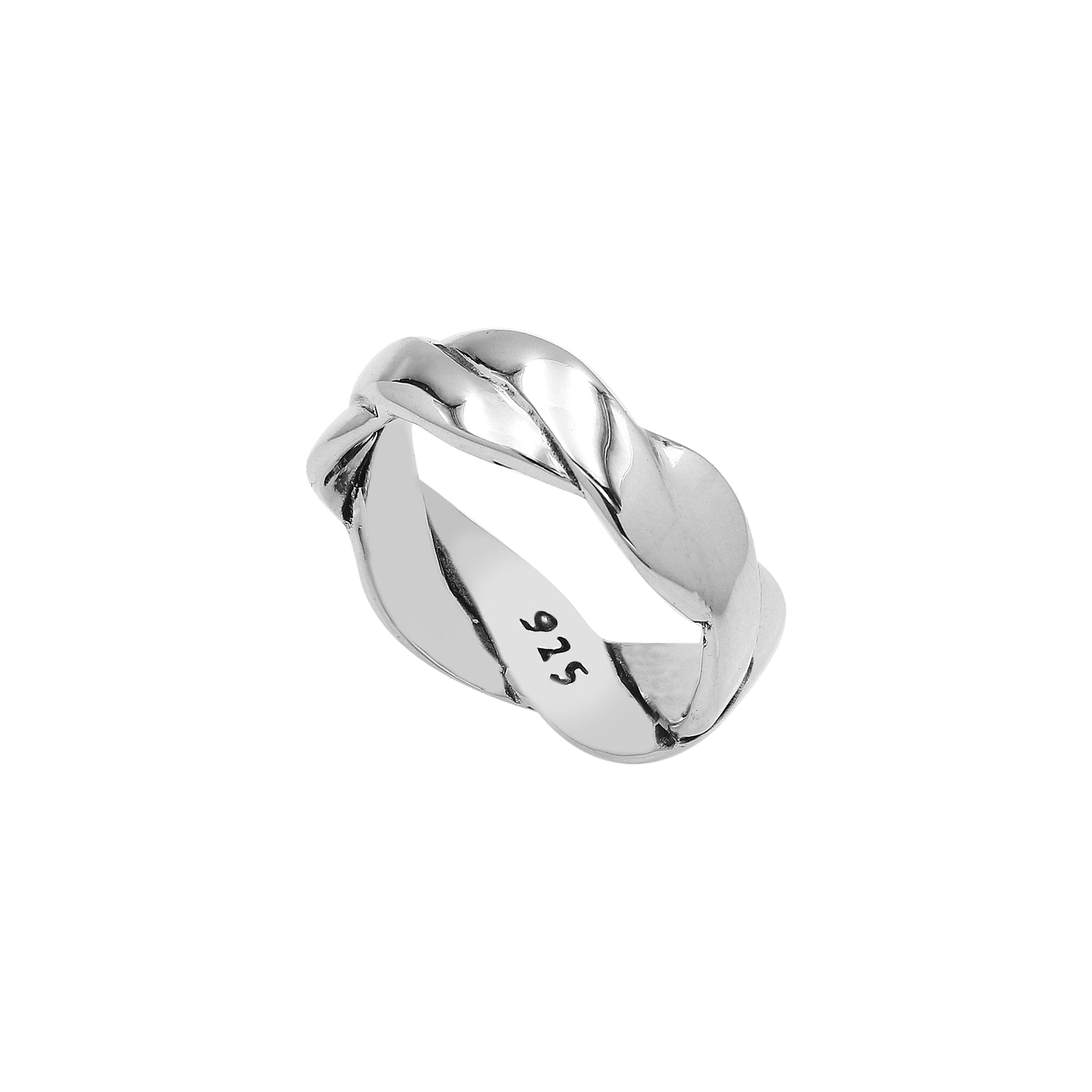 Sterling silver twisted braid band ring with polished finish – unisex artisan jewelry for everyday wear or stacking.
