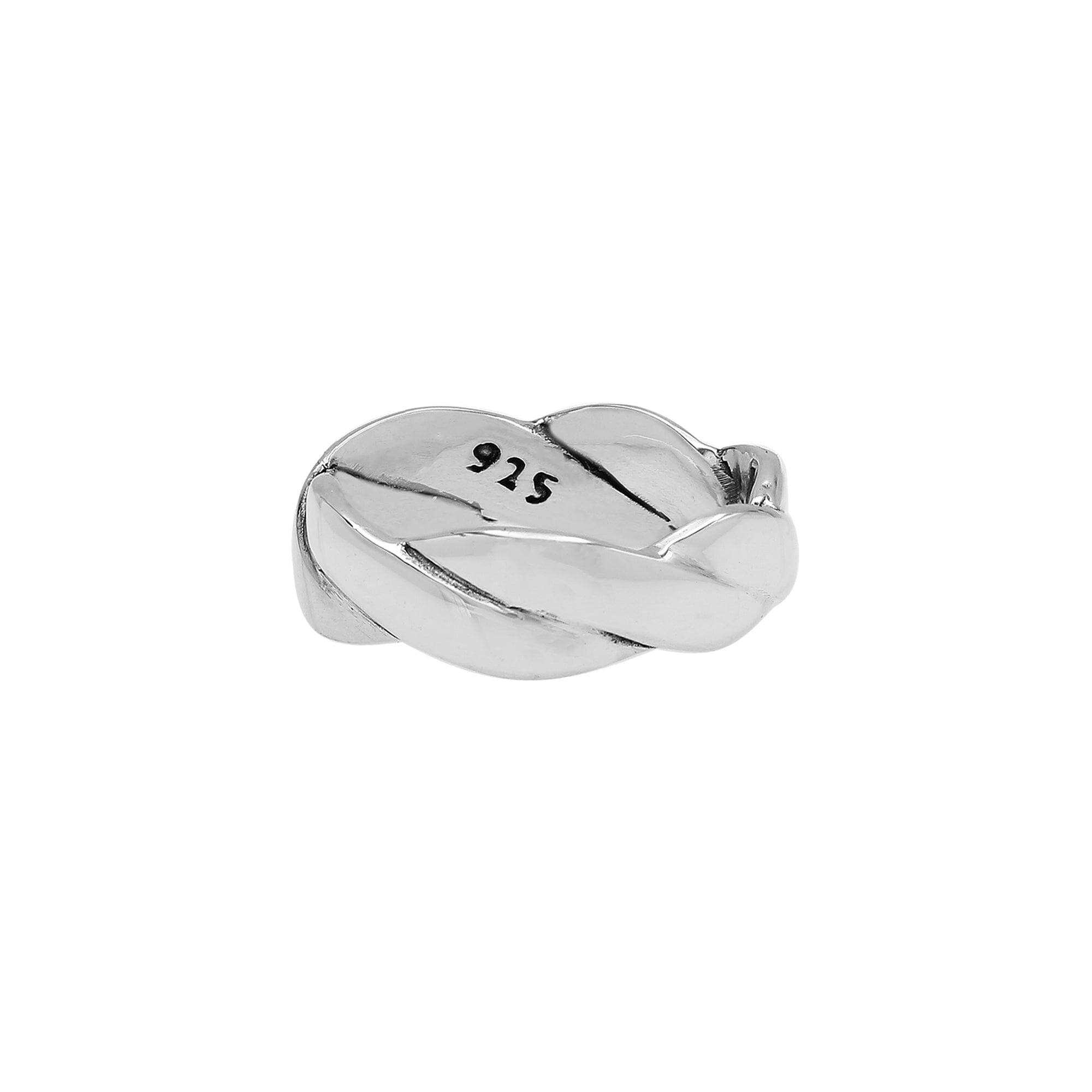 Sterling silver twisted braid band ring with polished finish – unisex artisan jewelry for everyday wear or stacking.