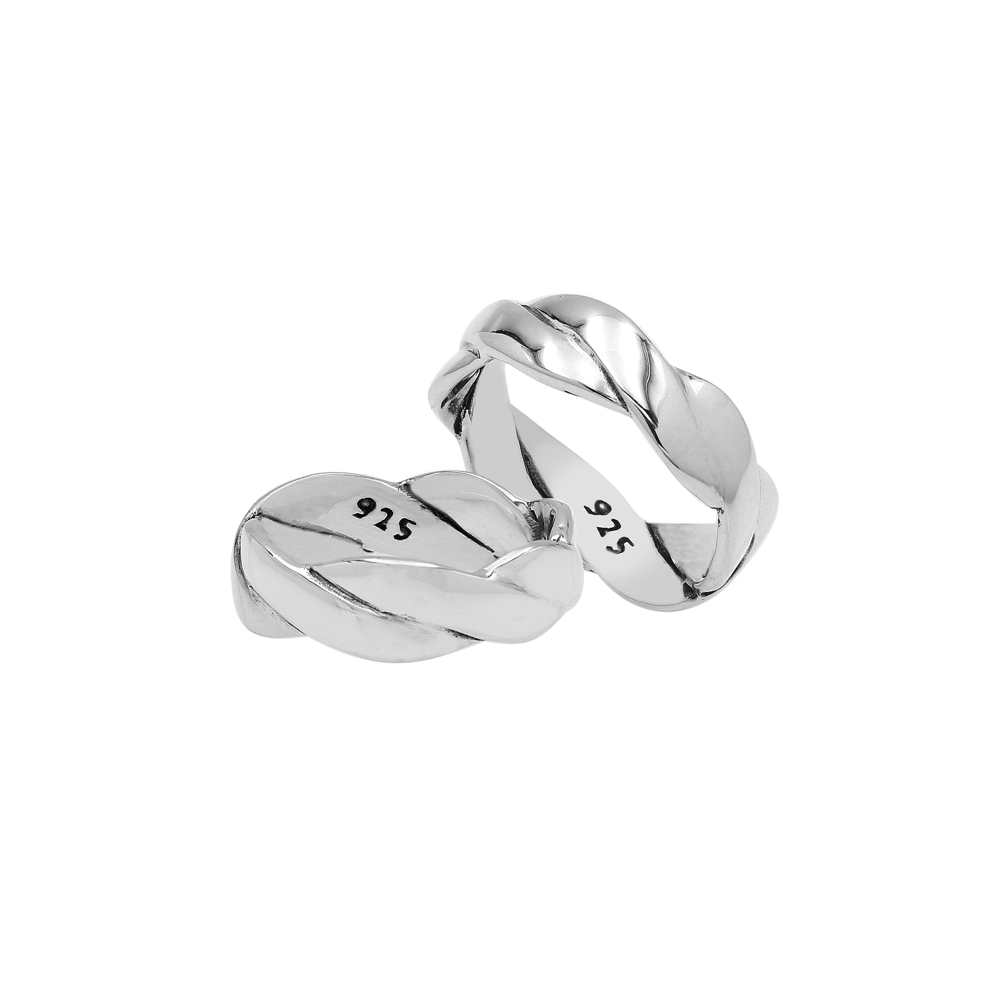 Sterling silver twisted braid band ring with polished finish – unisex artisan jewelry for everyday wear or stacking.