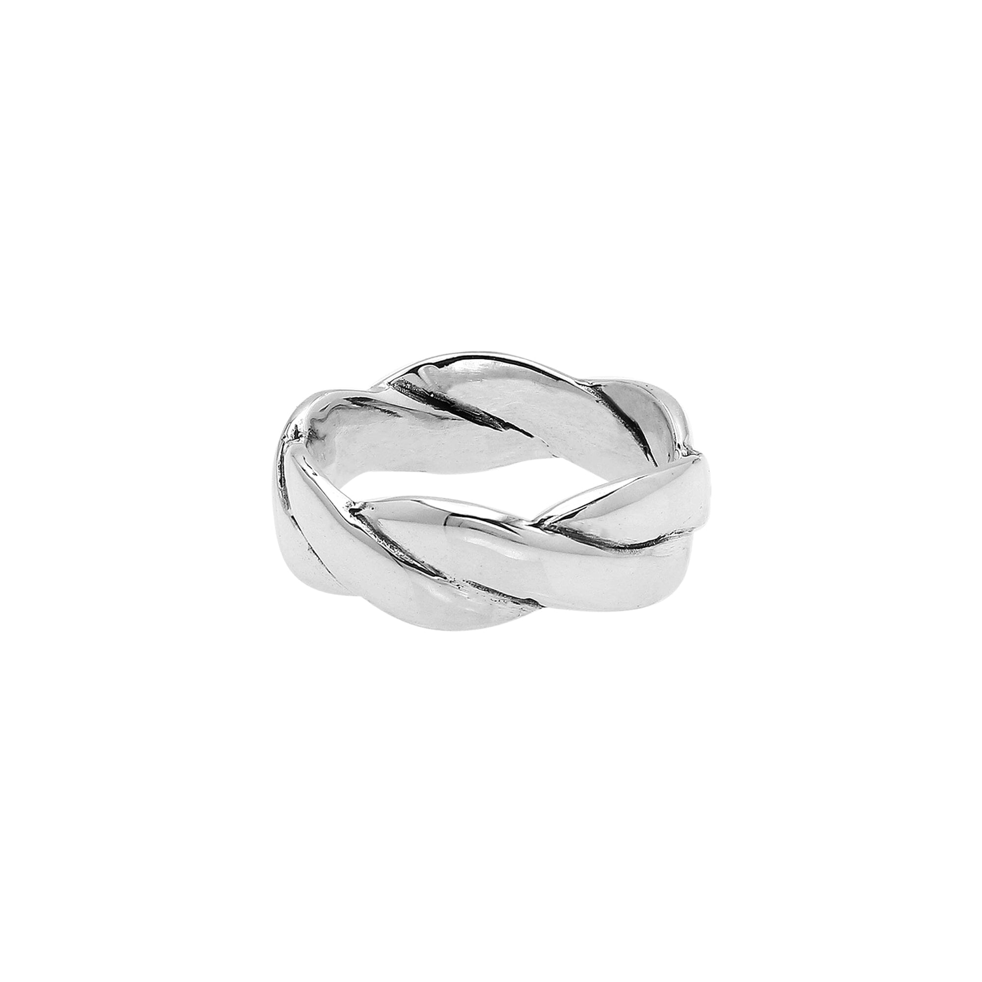 Sterling silver twisted braid band ring with polished finish – unisex artisan jewelry for everyday wear or stacking.