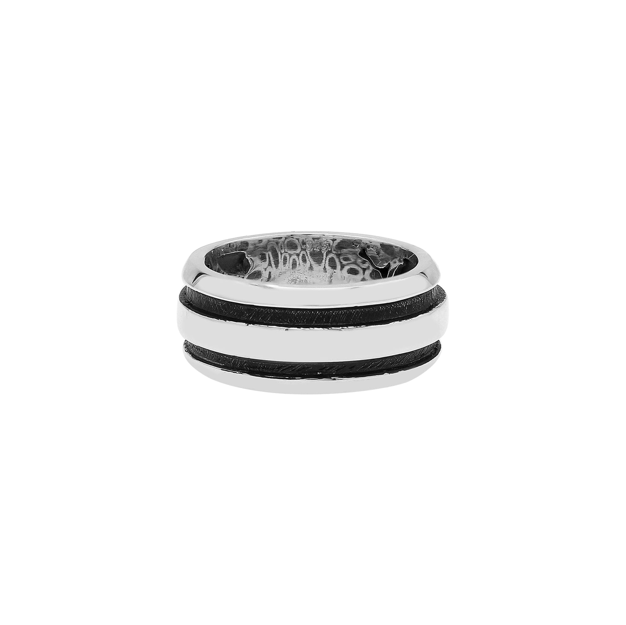 Sterling silver wide band ring with double black oxidized stripes – unisex modern artisan jewelry.