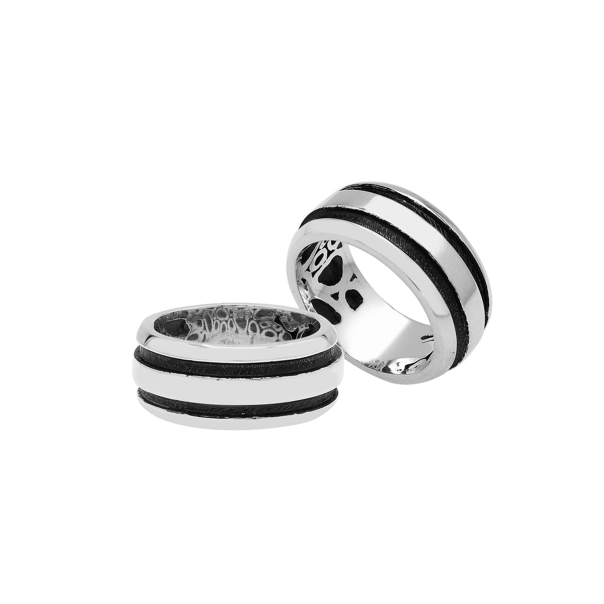 Sterling silver wide band ring with double black oxidized stripes – unisex modern artisan jewelry.