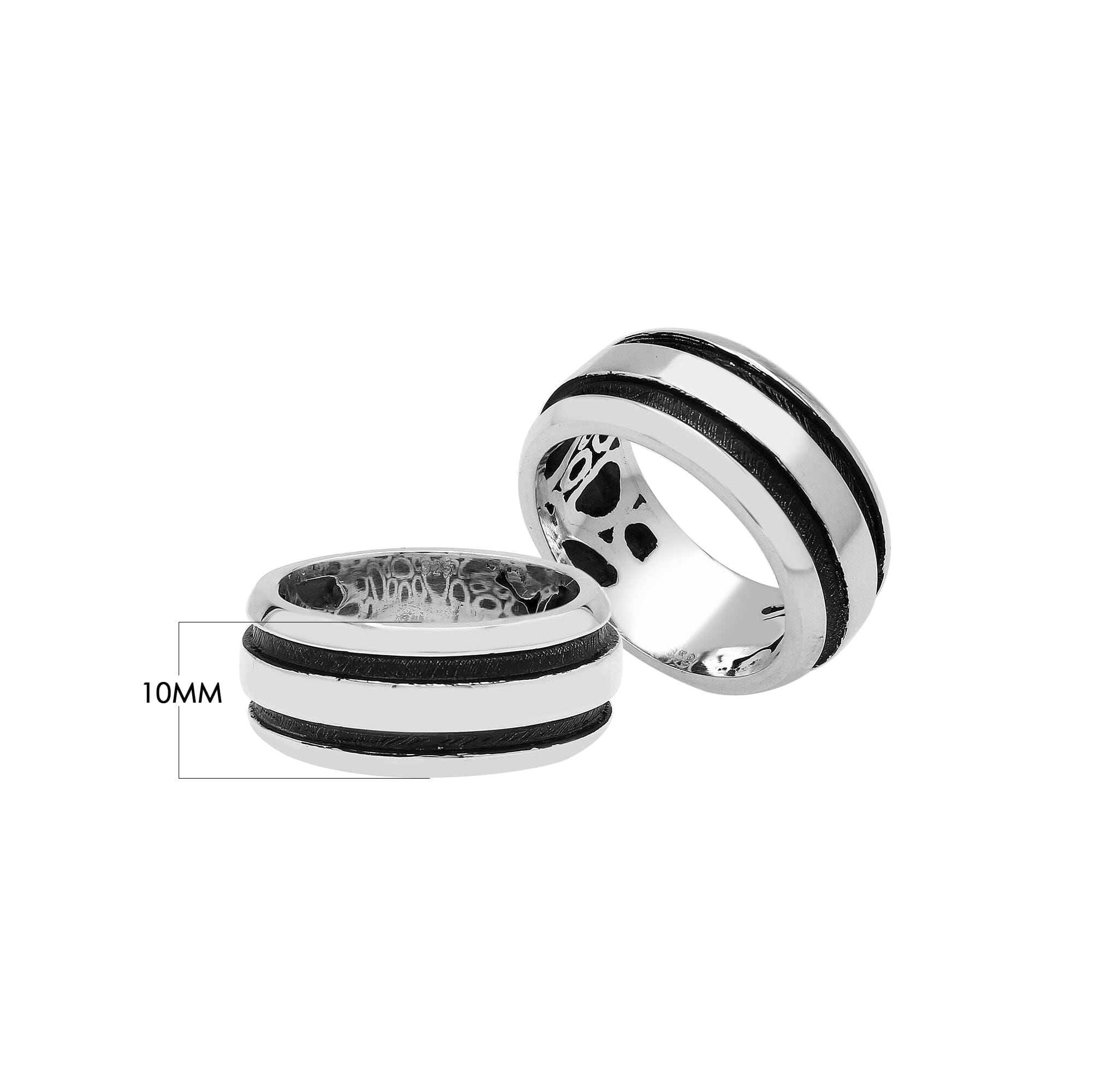 Sterling silver wide band ring with double black oxidized stripes – unisex modern artisan jewelry.