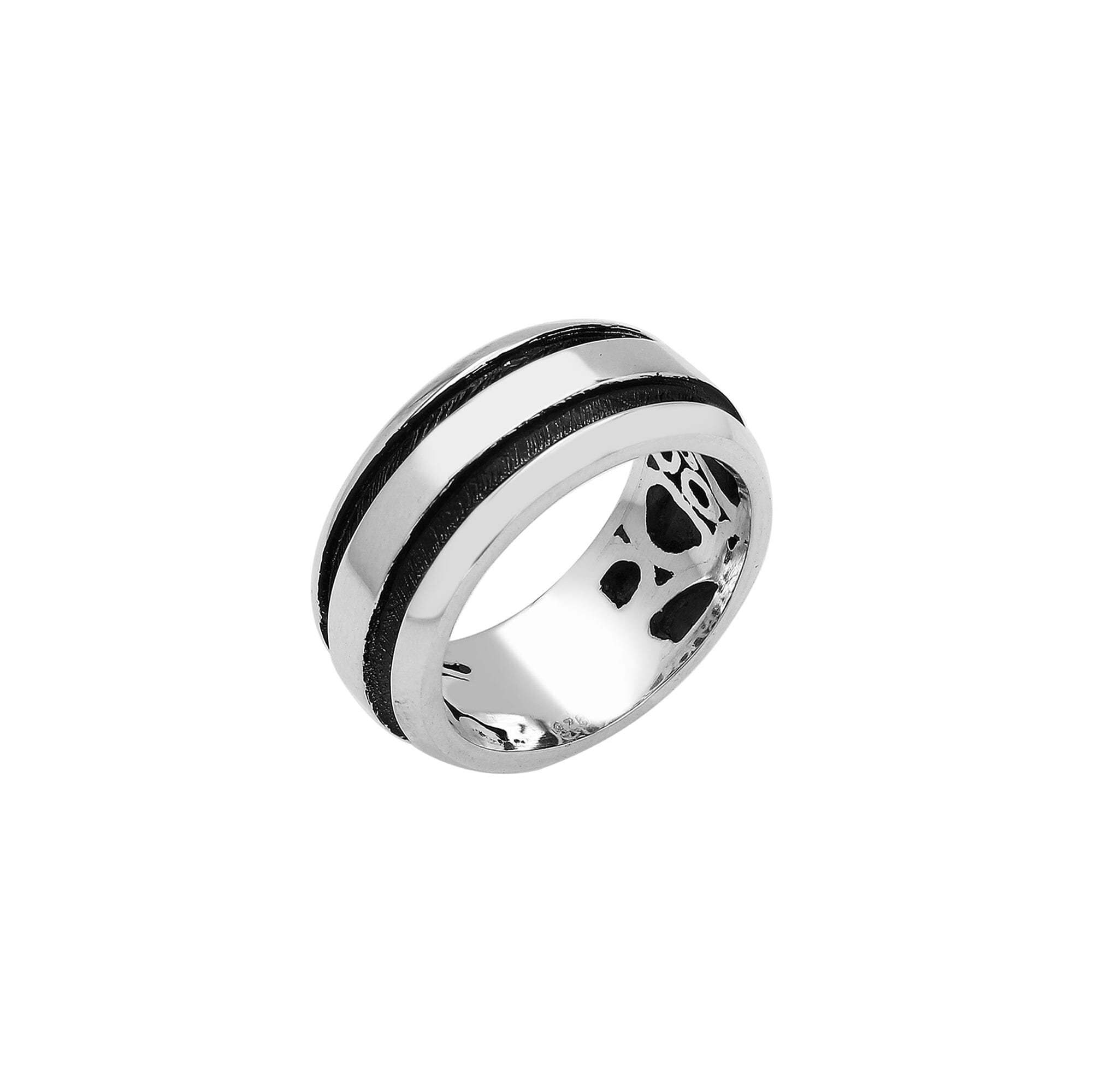 Sterling silver wide band ring with double black oxidized stripes – unisex modern artisan jewelry.