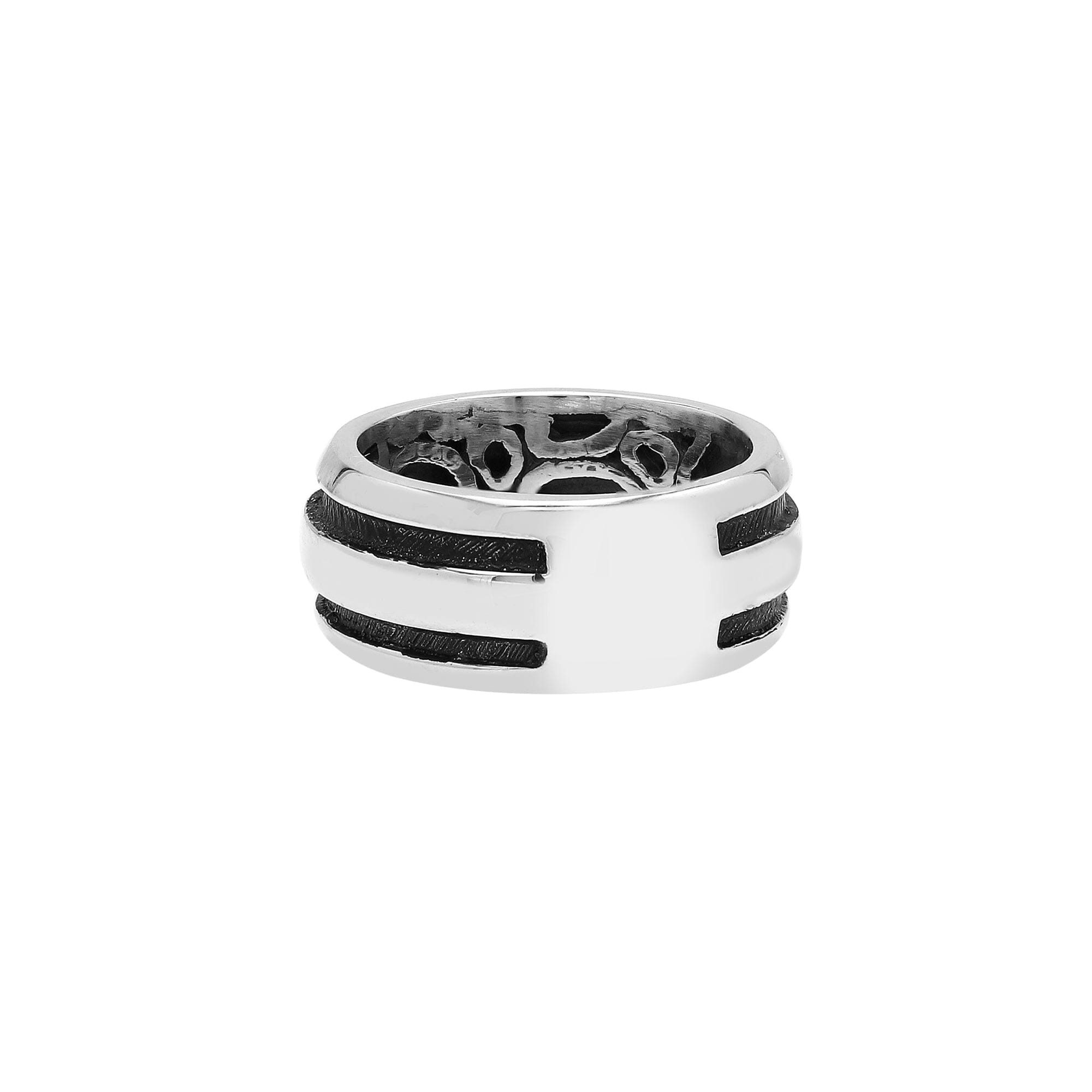 Sterling silver wide band ring with double black oxidized stripes – unisex modern artisan jewelry.