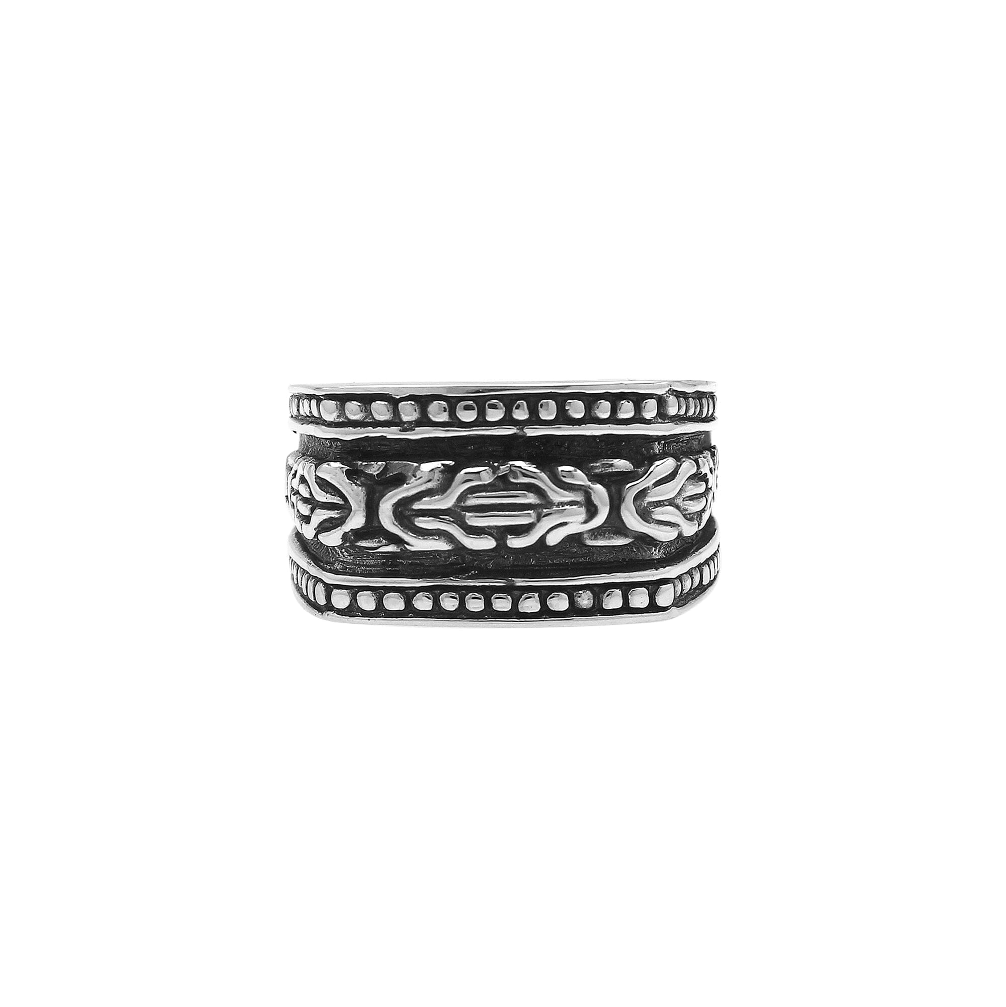Handcrafted sterling silver Bali wide band ring with oxidized details and artisan carvings, unisex statement silver jewelry.