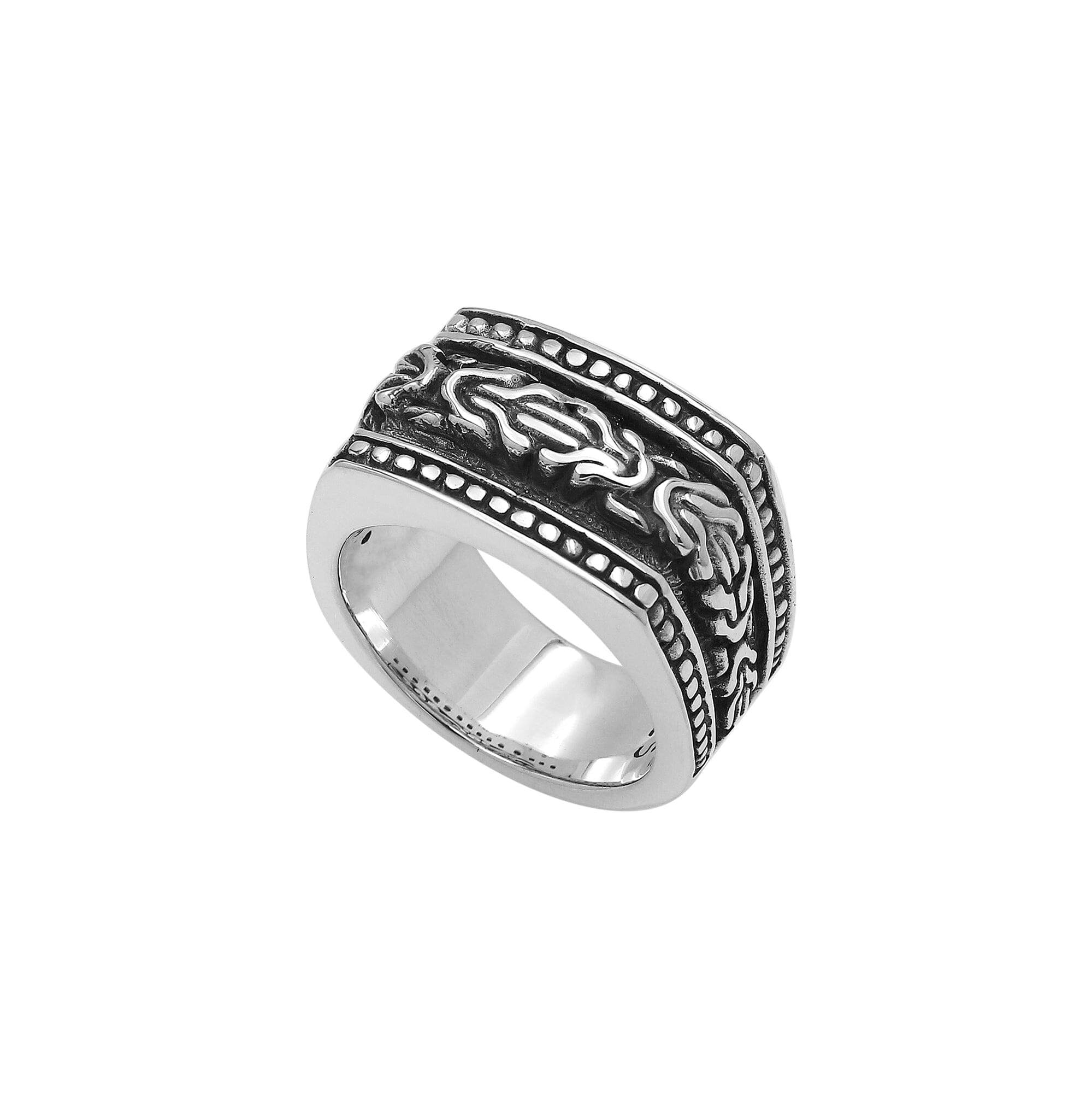 Handcrafted sterling silver Bali wide band ring with oxidized details and artisan carvings, unisex statement silver jewelry.