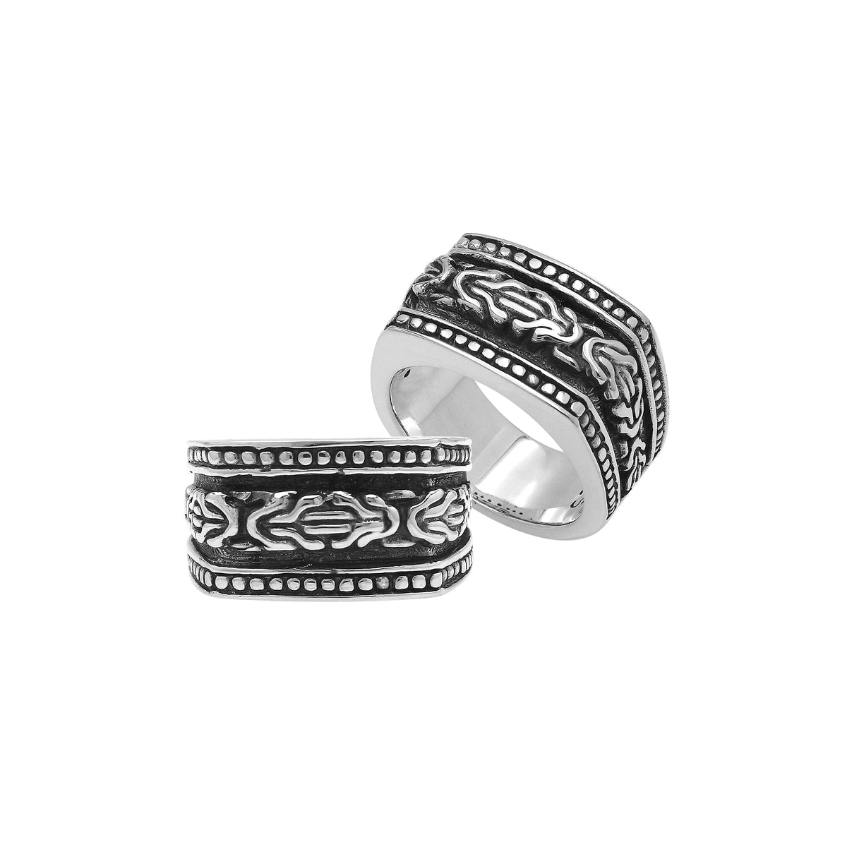 Handcrafted sterling silver Bali wide band ring with oxidized details and artisan carvings, unisex statement silver jewelry.