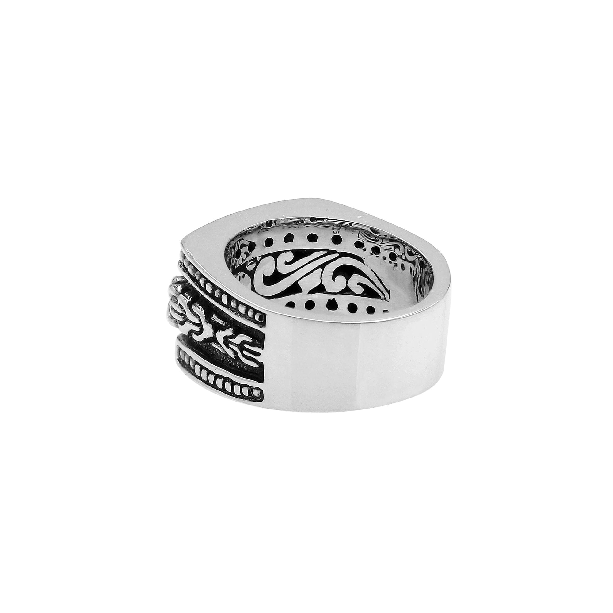 Handcrafted sterling silver Bali wide band ring with oxidized details and artisan carvings, unisex statement silver jewelry.
