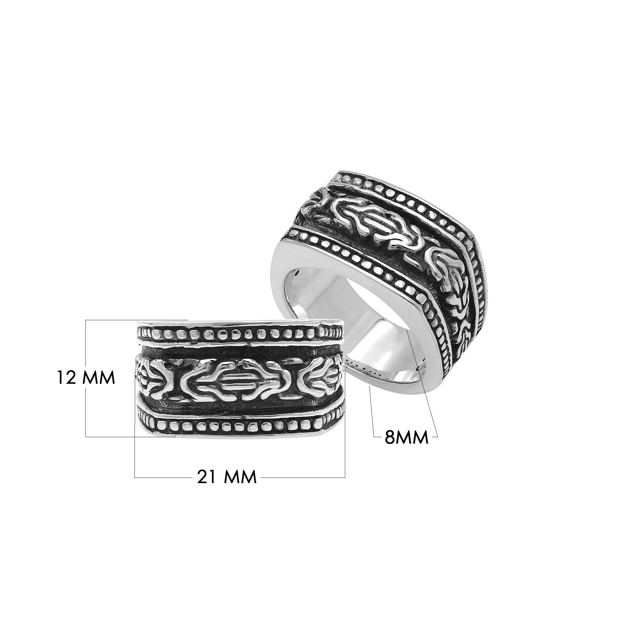 Handcrafted sterling silver Bali wide band ring with oxidized details and artisan carvings, unisex statement silver jewelry.