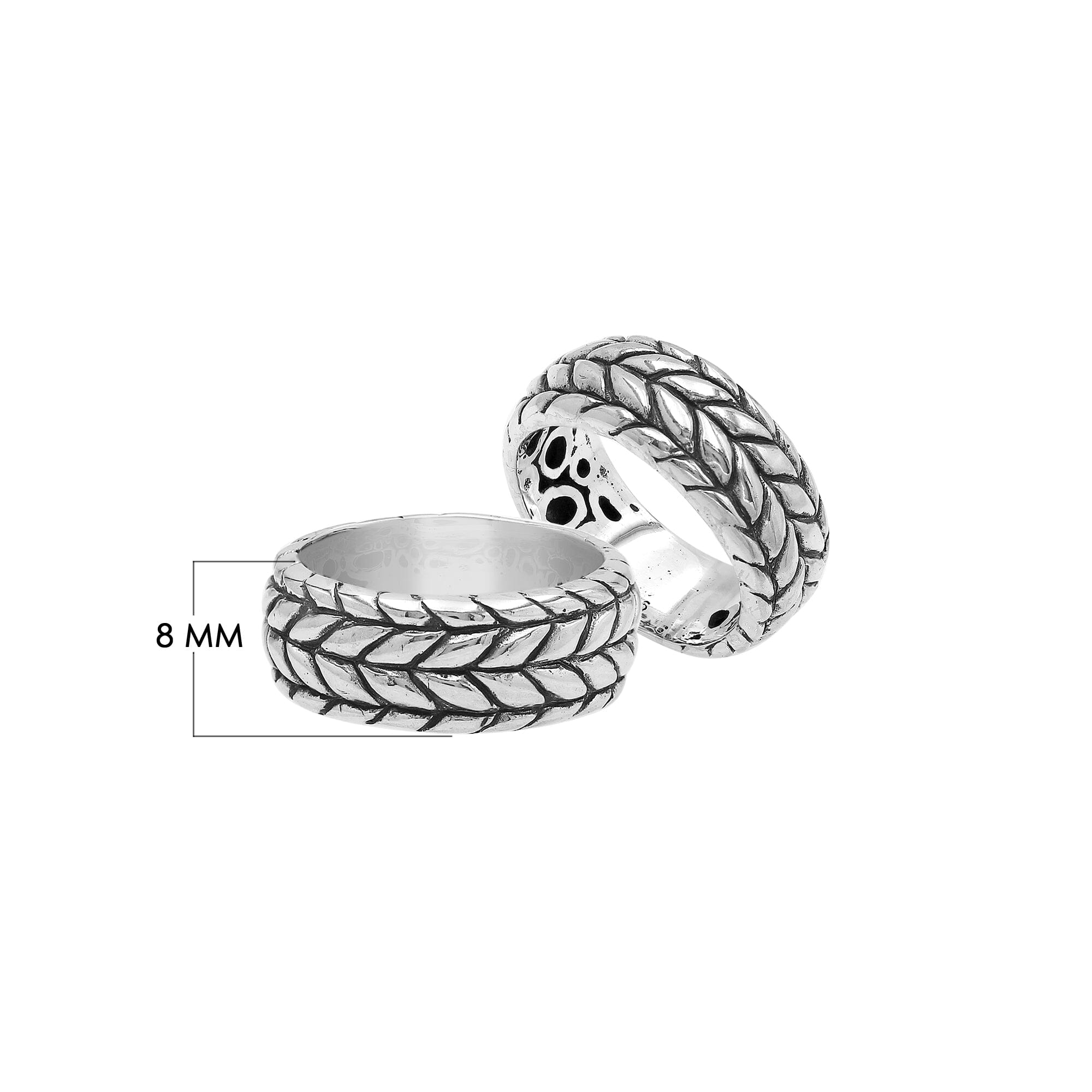 Handcrafted sterling silver woven leaf band ring with oxidized Bali design details, unisex artisan silver jewelry for everyday wear or gifting.