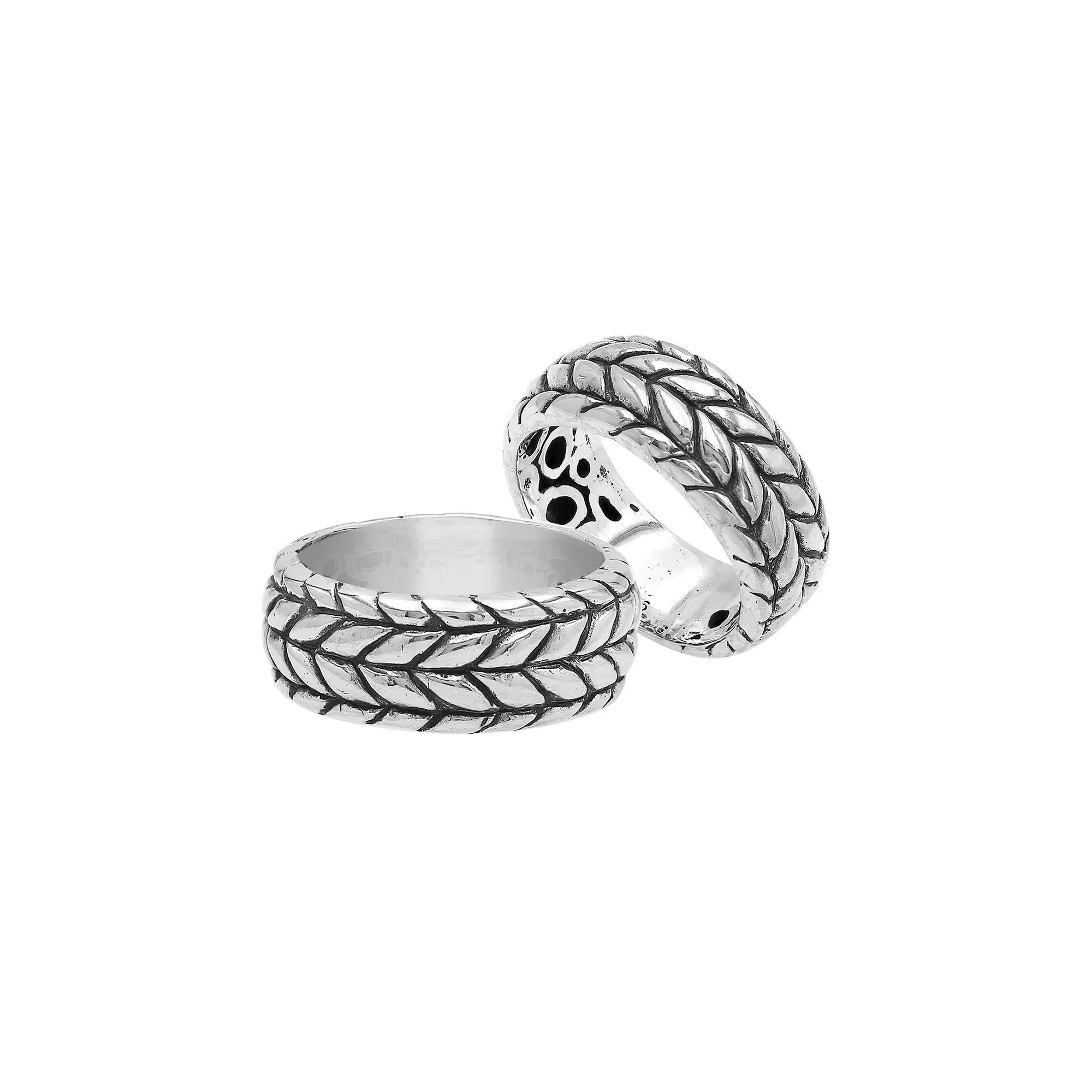 Handcrafted sterling silver woven leaf band ring with oxidized Bali design details, unisex artisan silver jewelry for everyday wear or gifting.