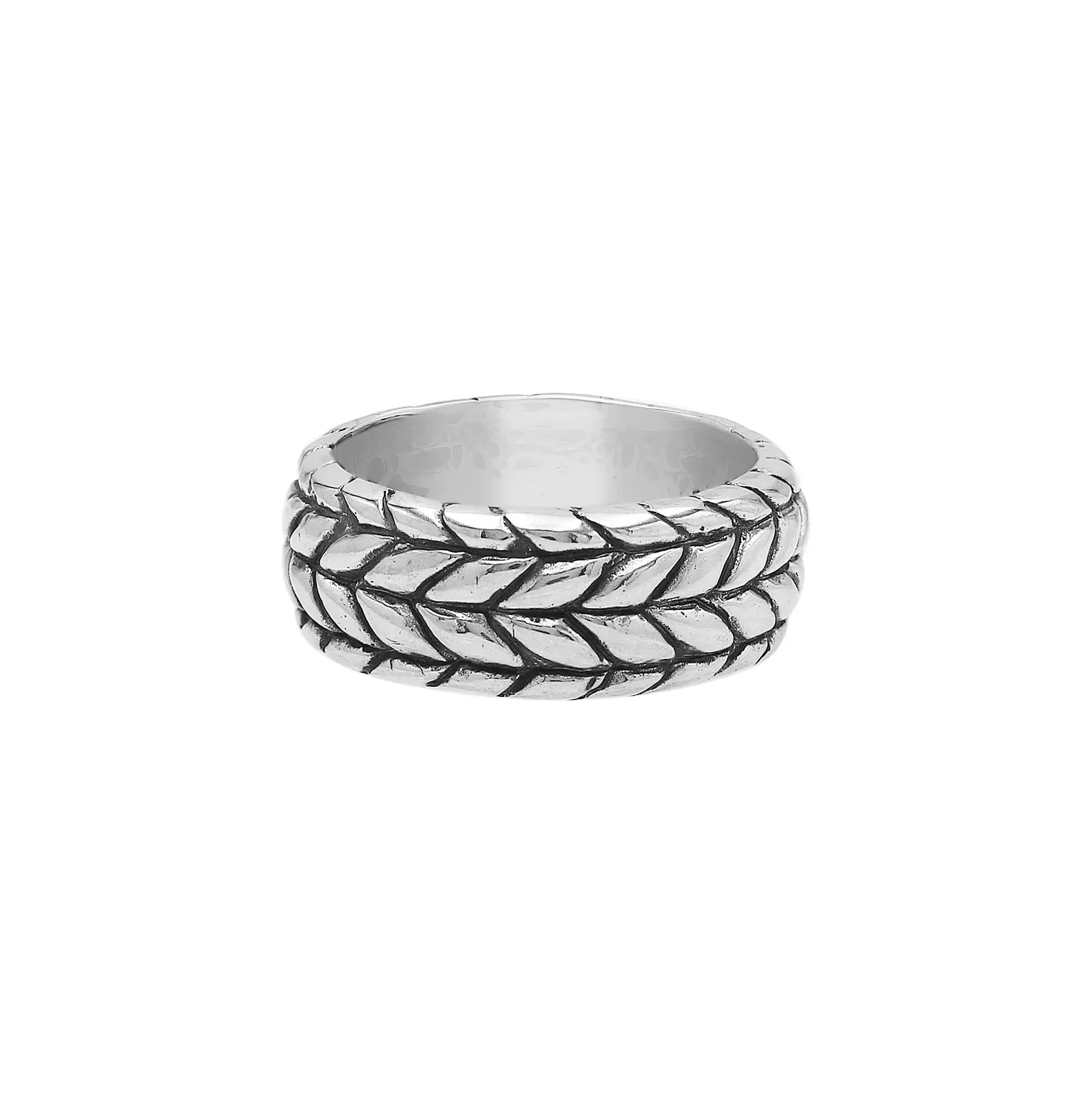 Handcrafted sterling silver woven leaf band ring with oxidized Bali design details, unisex artisan silver jewelry for everyday wear or gifting.