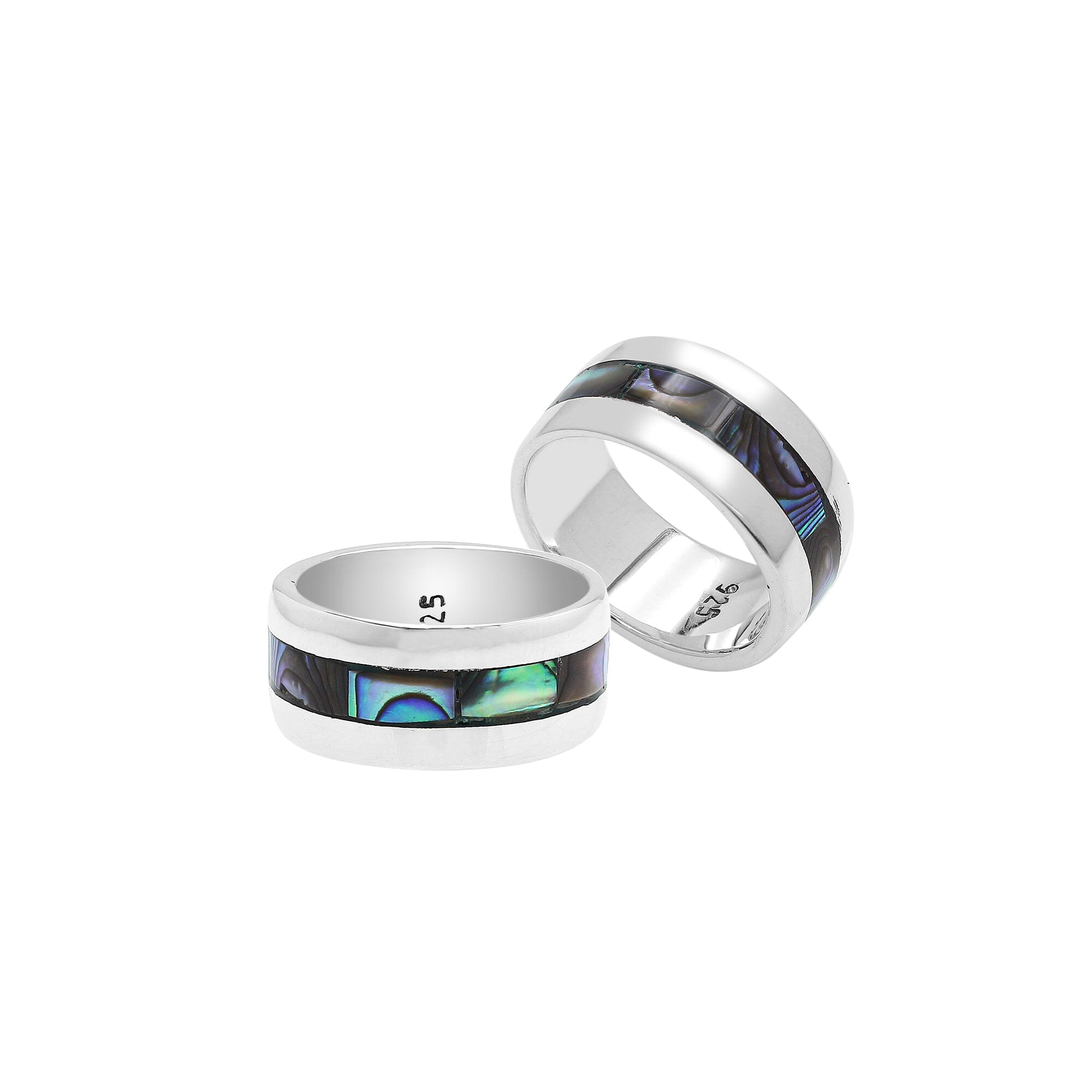 Handcrafted sterling silver wide band ring with colorful Abalone Shell inlay, unisex artisan jewelry for everyday wear or gifting.