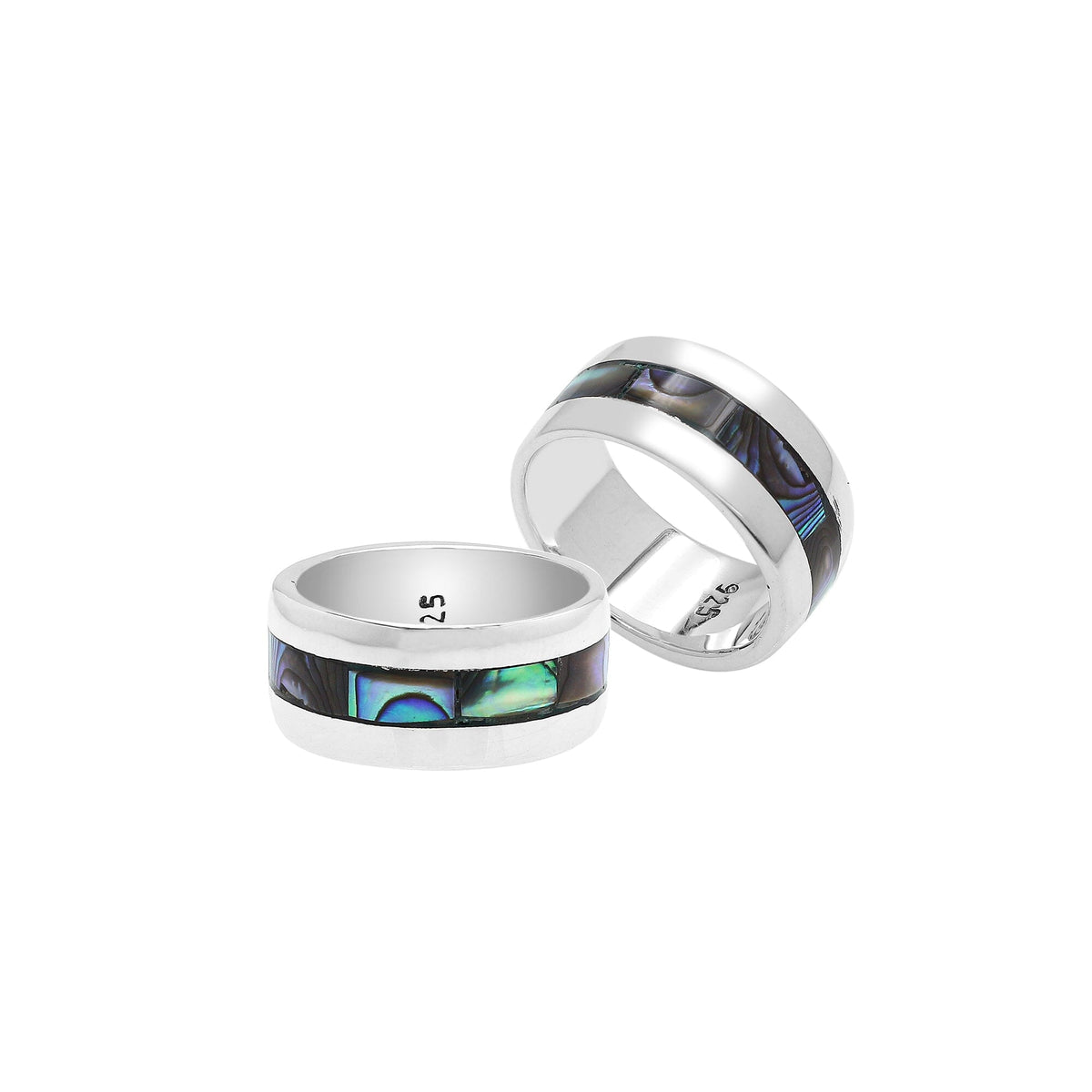 Handcrafted sterling silver wide band ring with colorful Abalone Shell inlay, unisex artisan jewelry for everyday wear or gifting.