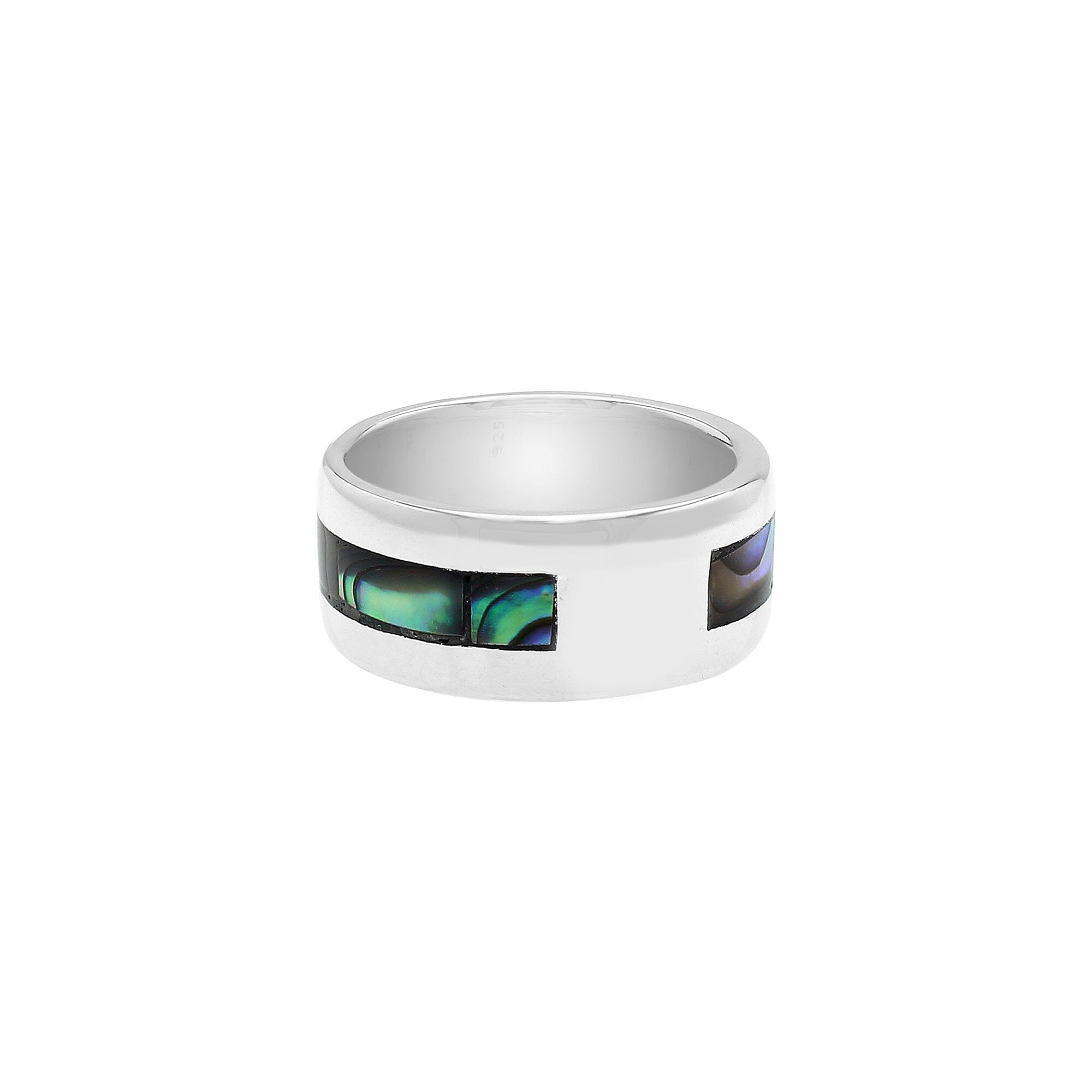 Handcrafted sterling silver wide band ring with colorful Abalone Shell inlay, unisex artisan jewelry for everyday wear or gifting.