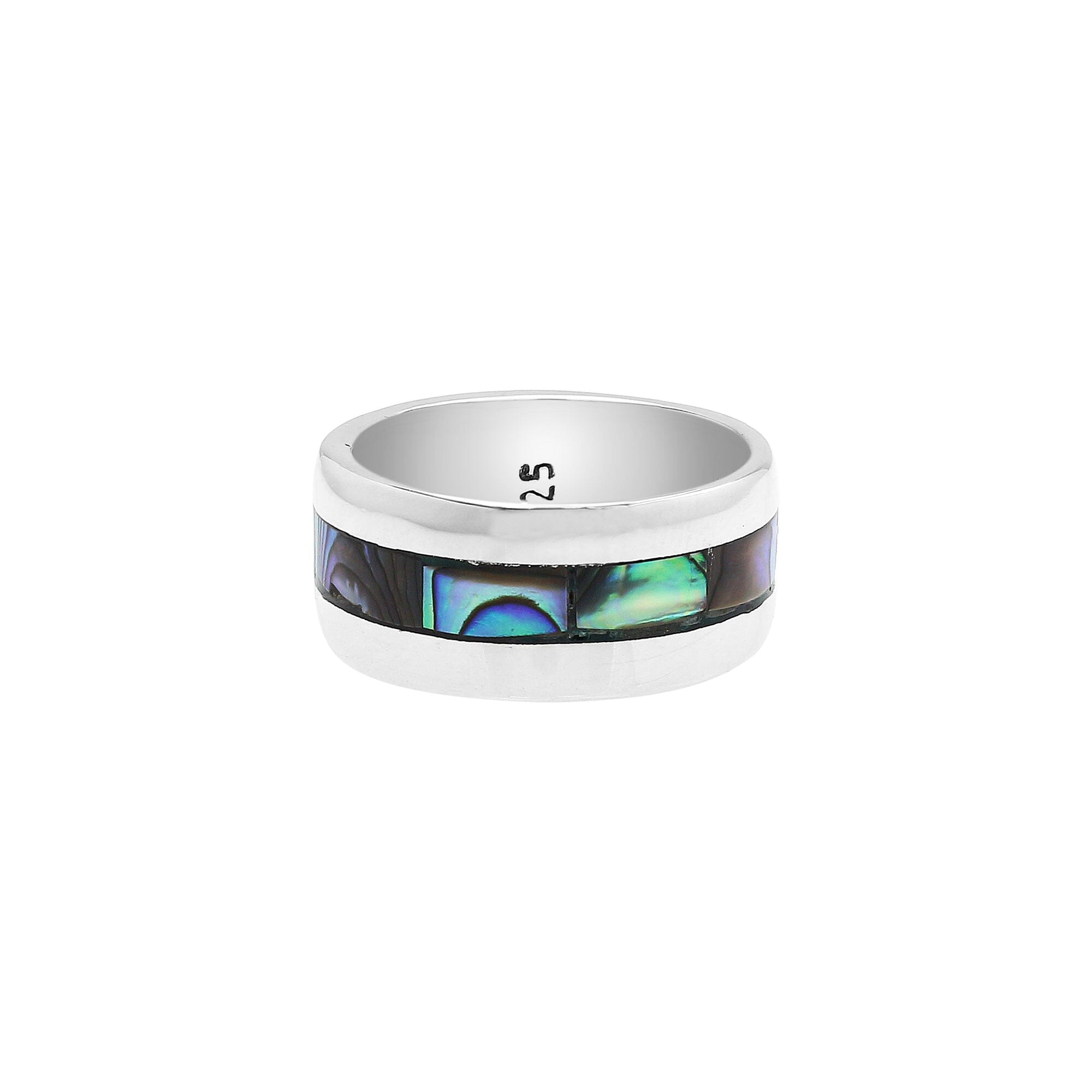 Handcrafted sterling silver wide band ring with colorful Abalone Shell inlay, unisex artisan jewelry for everyday wear or gifting.