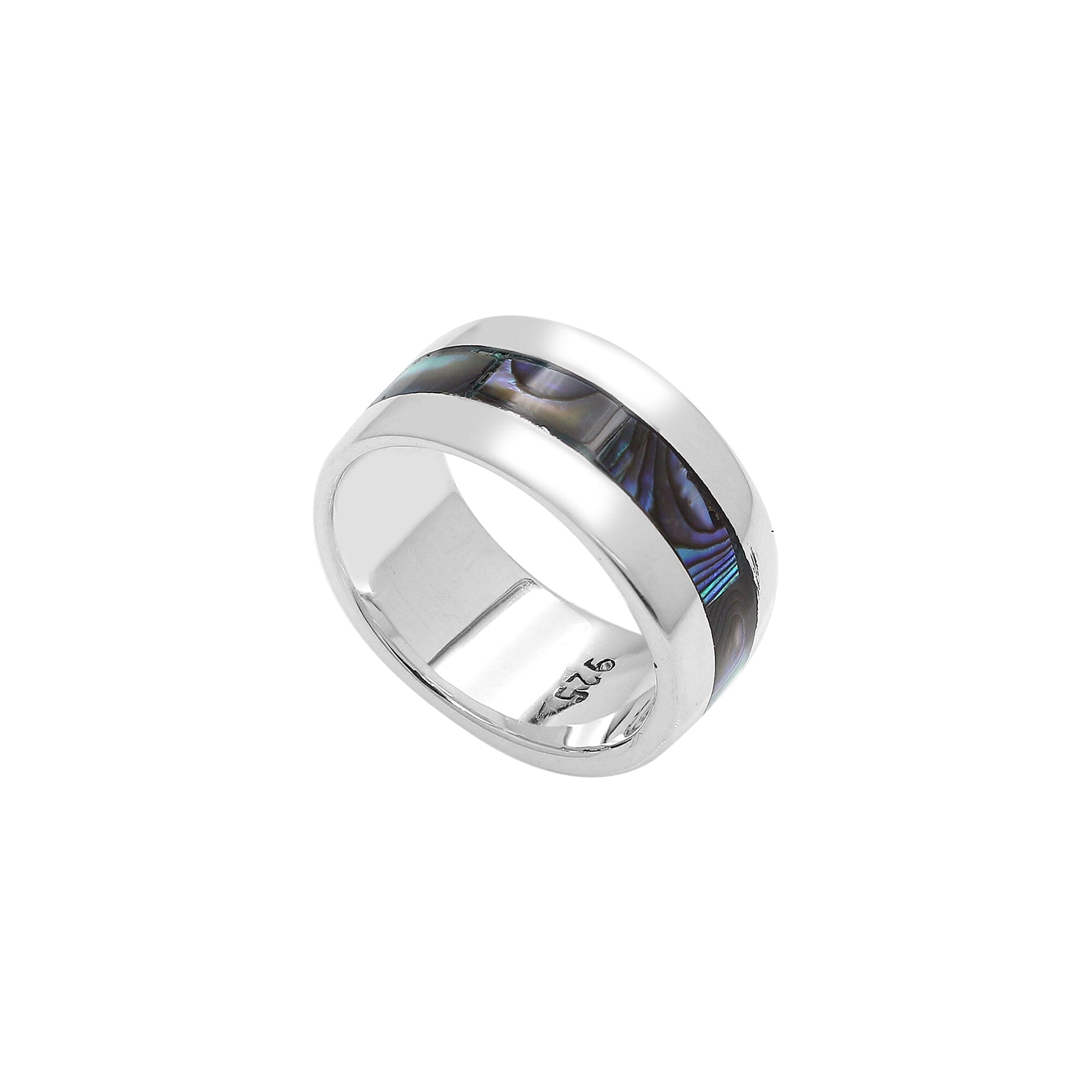 Handcrafted sterling silver wide band ring with colorful Abalone Shell inlay, unisex artisan jewelry for everyday wear or gifting.