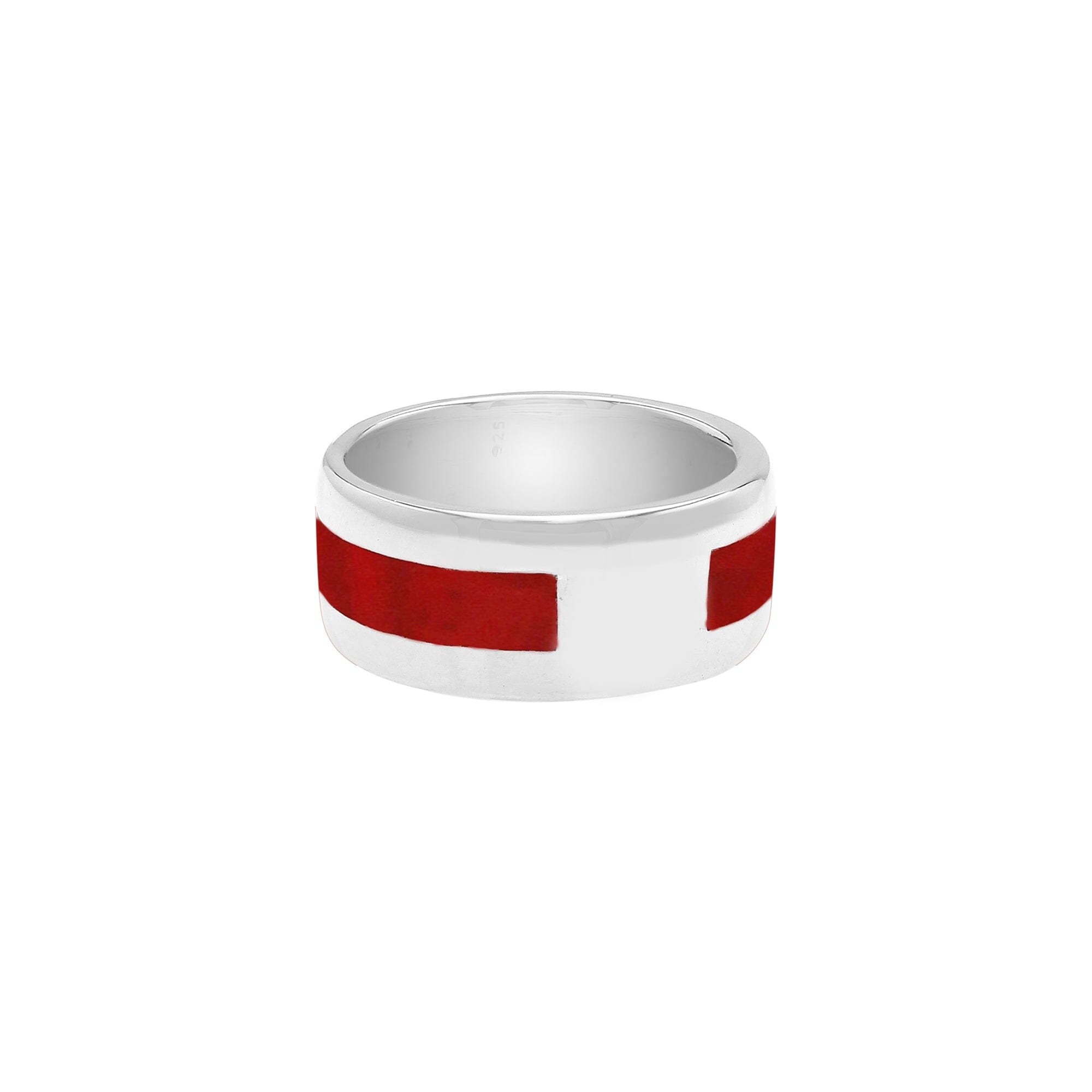Handcrafted sterling silver wide band ring with vibrant Red Coral inlay, unisex artisan jewelry for everyday wear or gifting.