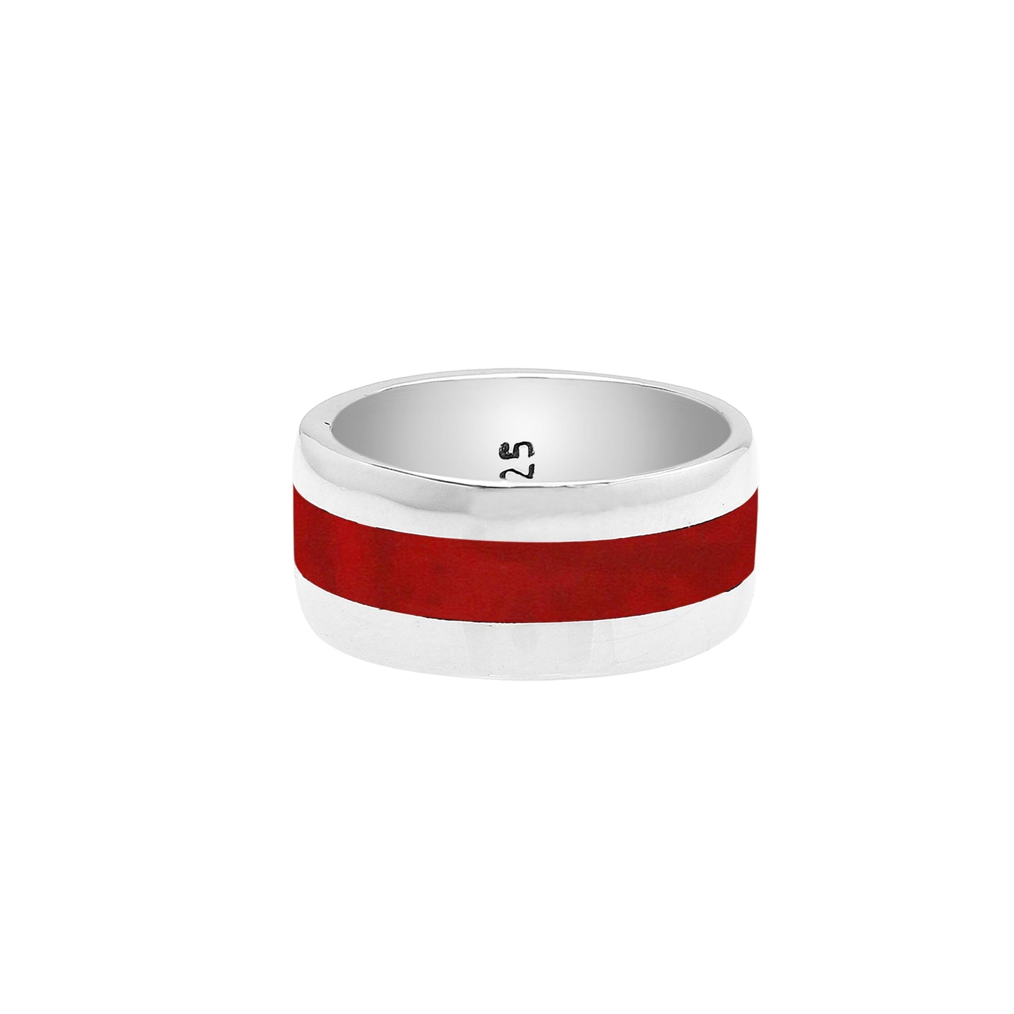 Handcrafted sterling silver wide band ring with vibrant Red Coral inlay, unisex artisan jewelry for everyday wear or gifting.