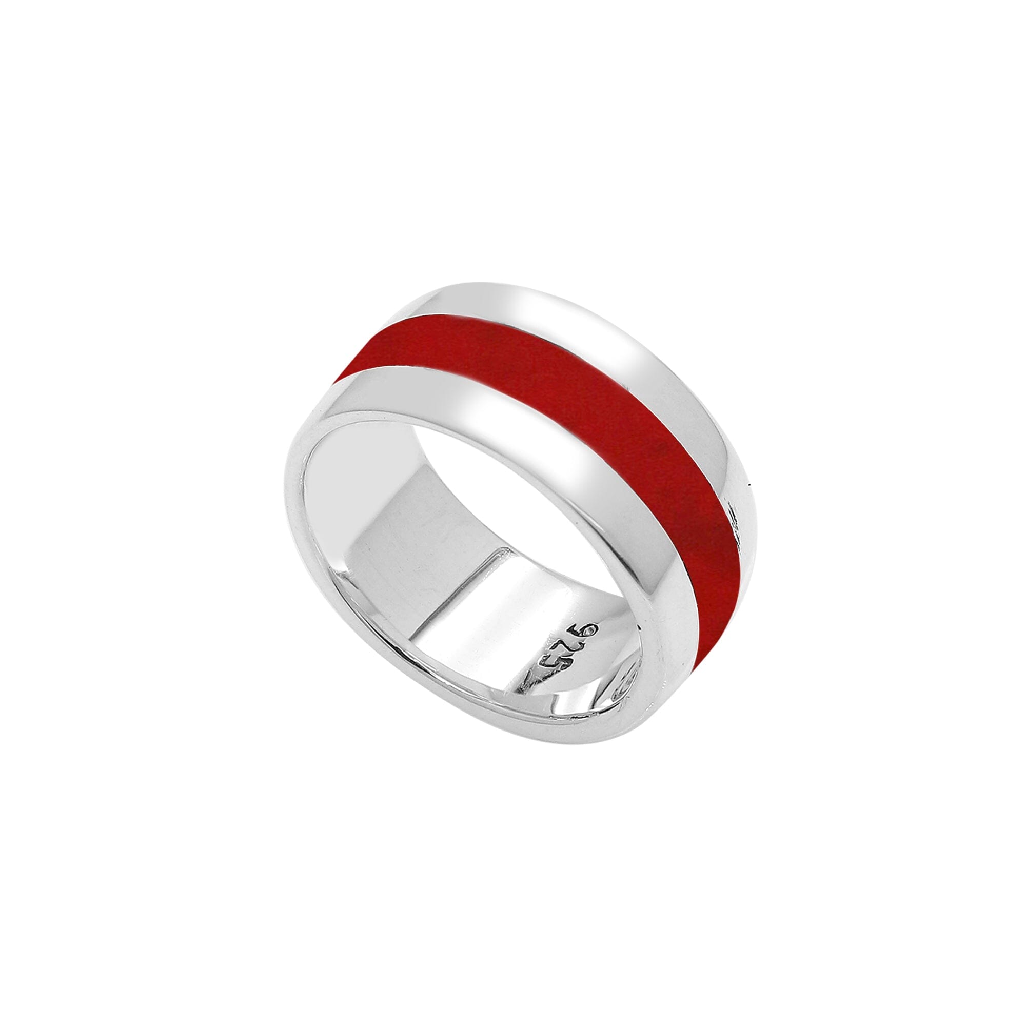 Handcrafted sterling silver wide band ring with vibrant Red Coral inlay, unisex artisan jewelry for everyday wear or gifting.