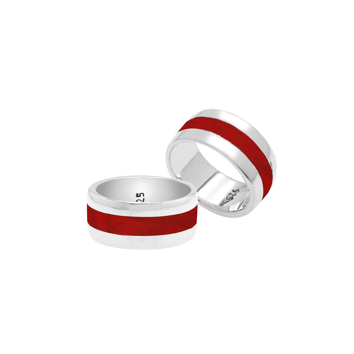 Handcrafted sterling silver wide band ring with vibrant Red Coral inlay, unisex artisan jewelry for everyday wear or gifting.