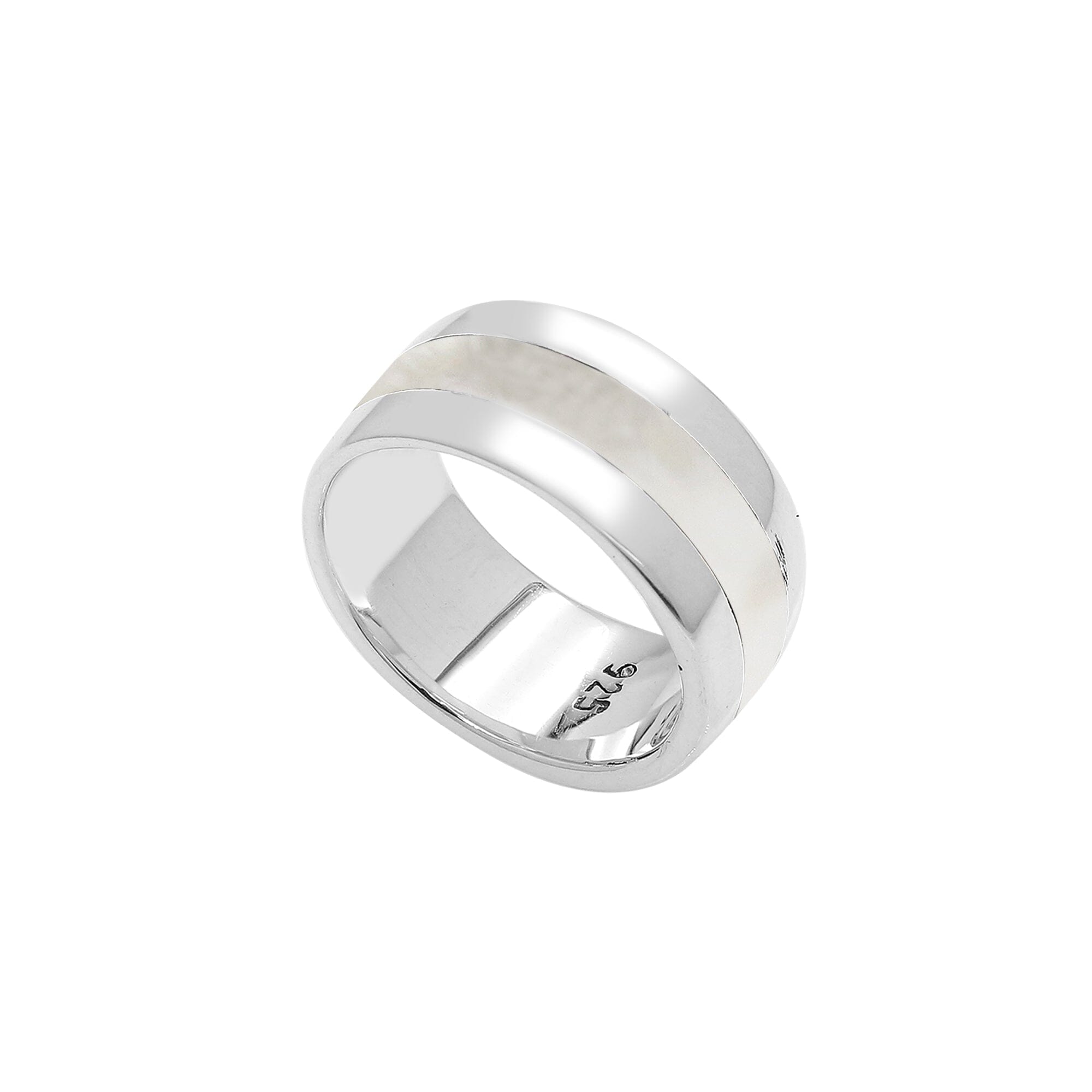 Handcrafted sterling silver wide band ring with luminous Mother of Pearl inlay, unisex artisan jewelry for everyday wear or gifting.
