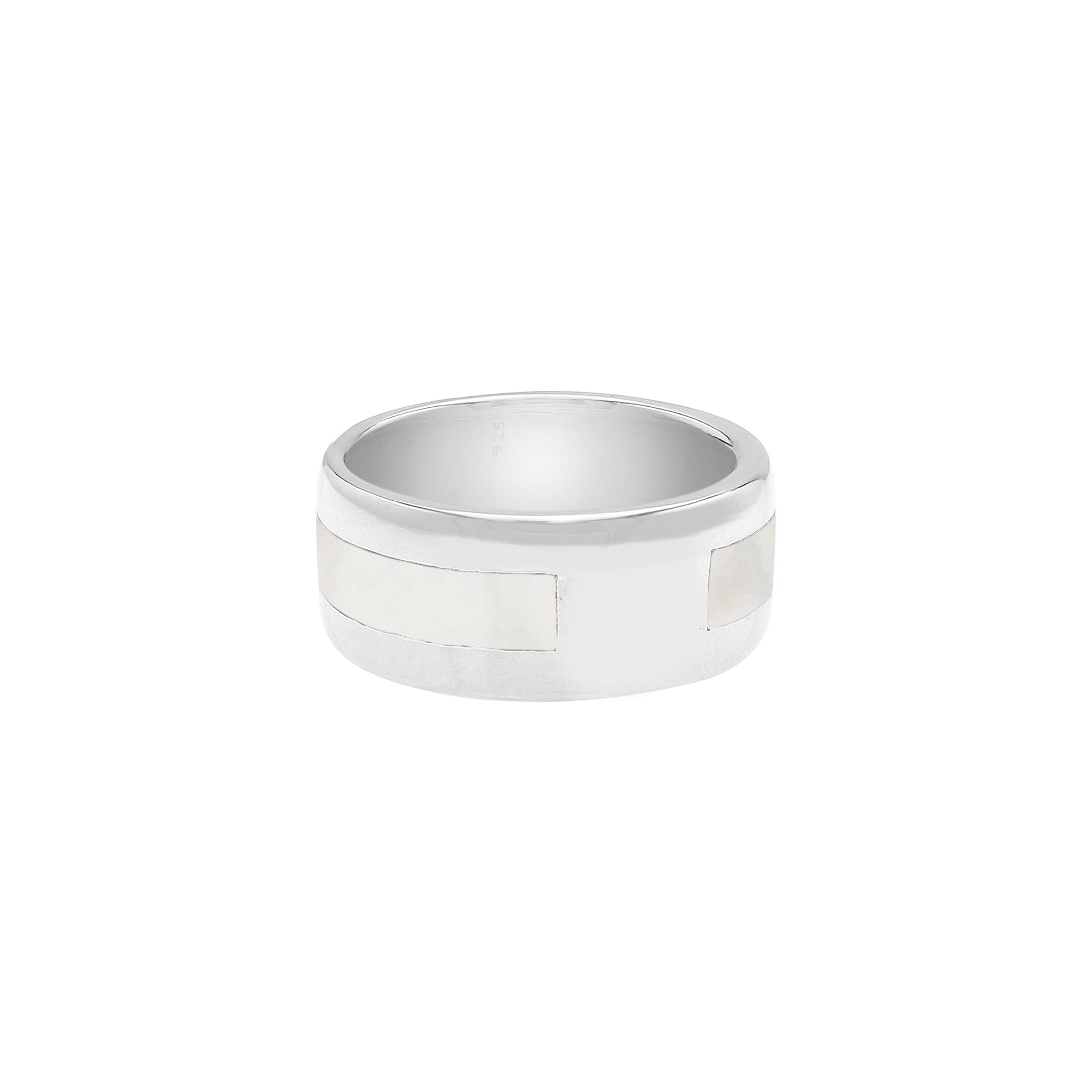 Handcrafted sterling silver wide band ring with luminous Mother of Pearl inlay, unisex artisan jewelry for everyday wear or gifting.