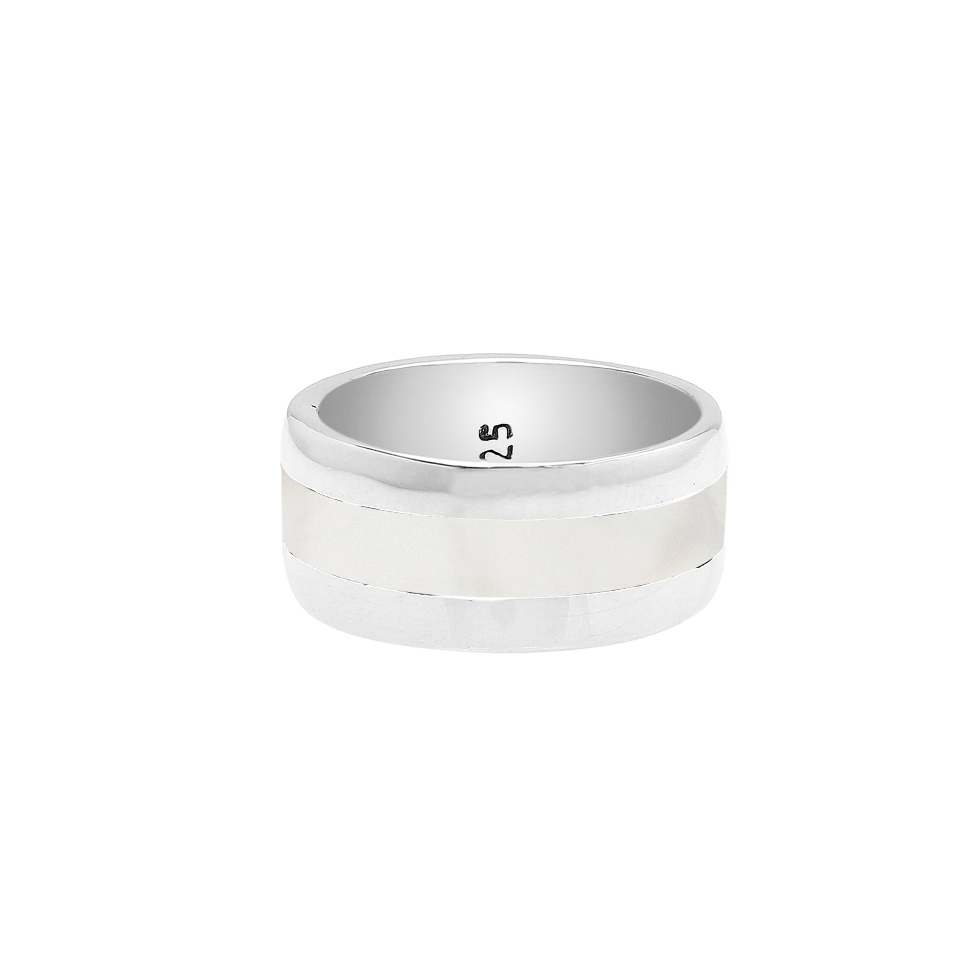 Handcrafted sterling silver wide band ring with luminous Mother of Pearl inlay, unisex artisan jewelry for everyday wear or gifting.