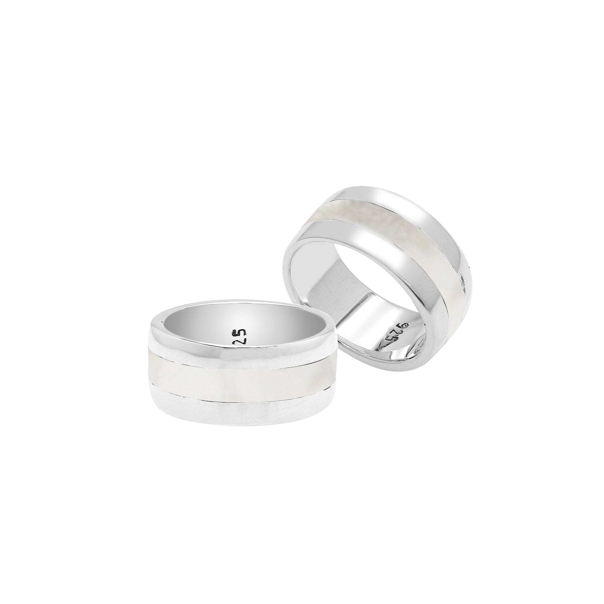 Handcrafted sterling silver wide band ring with luminous Mother of Pearl inlay, unisex artisan jewelry for everyday wear or gifting.