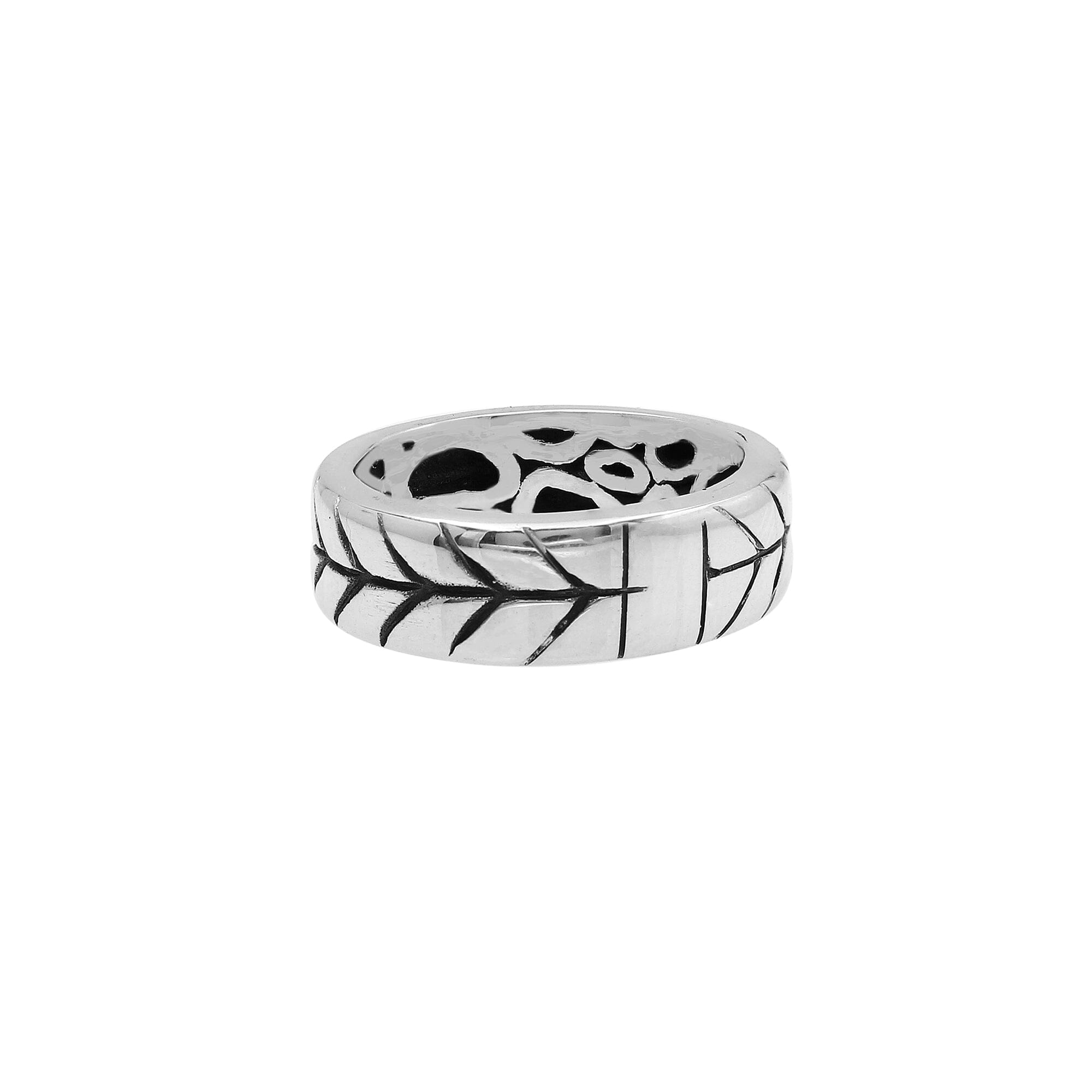 Handcrafted sterling silver band ring with detailed leaf pattern and oxidized finish, unisex artisan jewelry for everyday wear or gifting.