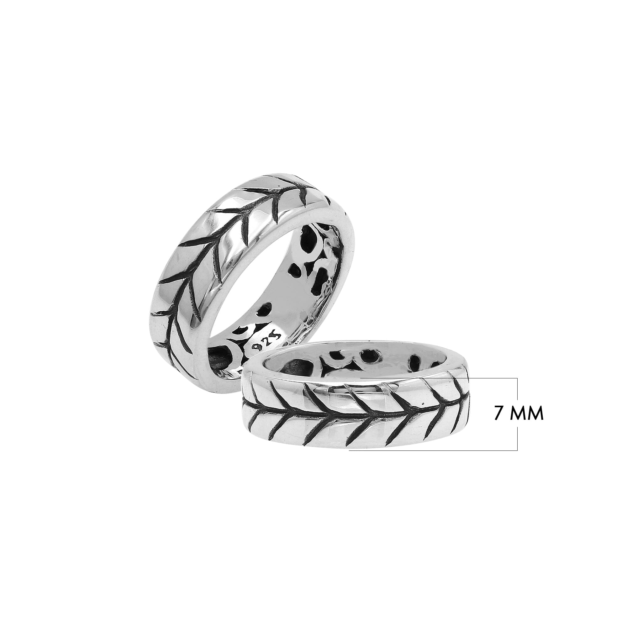 Handcrafted sterling silver band ring with detailed leaf pattern and oxidized finish, unisex artisan jewelry for everyday wear or gifting.