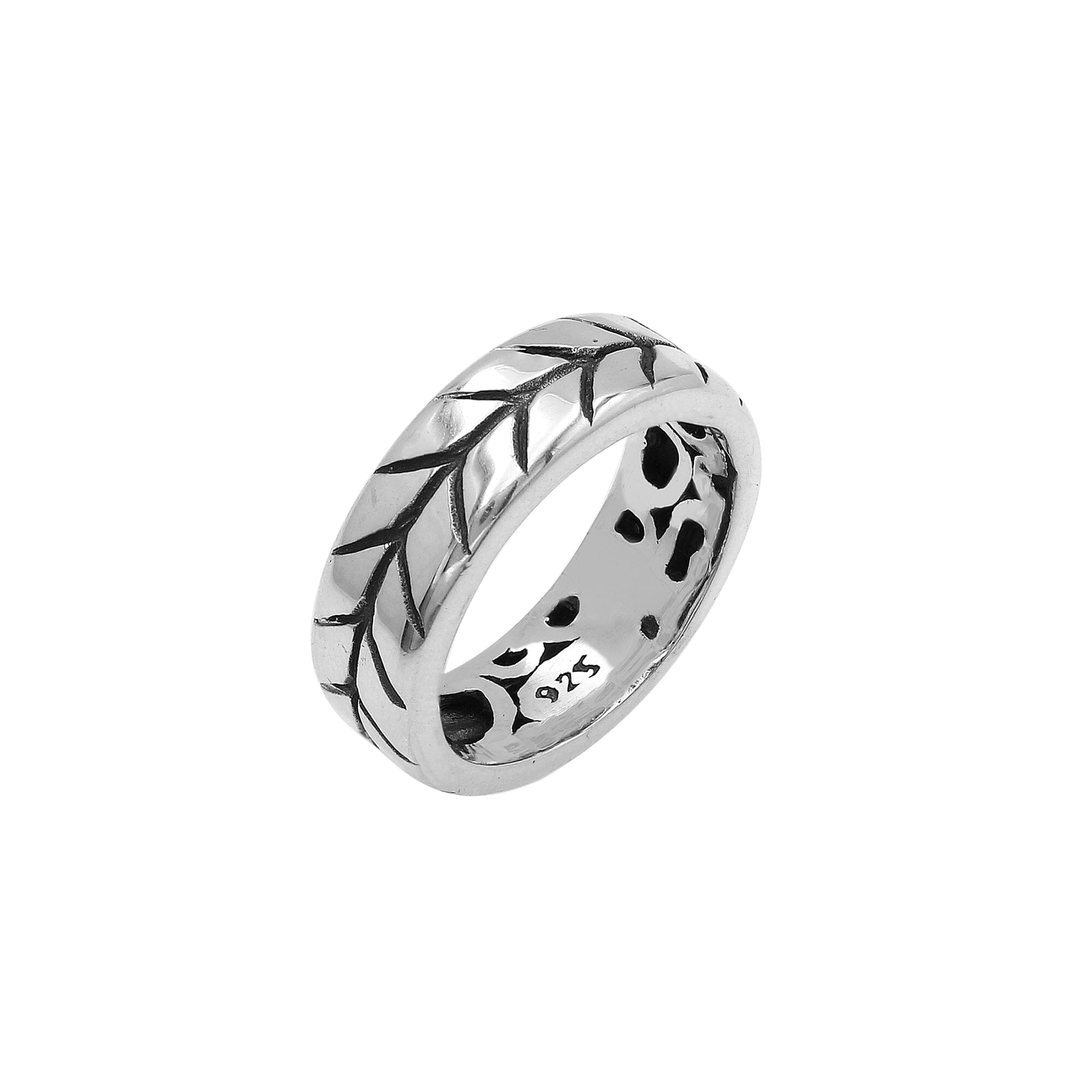 Handcrafted sterling silver band ring with detailed leaf pattern and oxidized finish, unisex artisan jewelry for everyday wear or gifting.