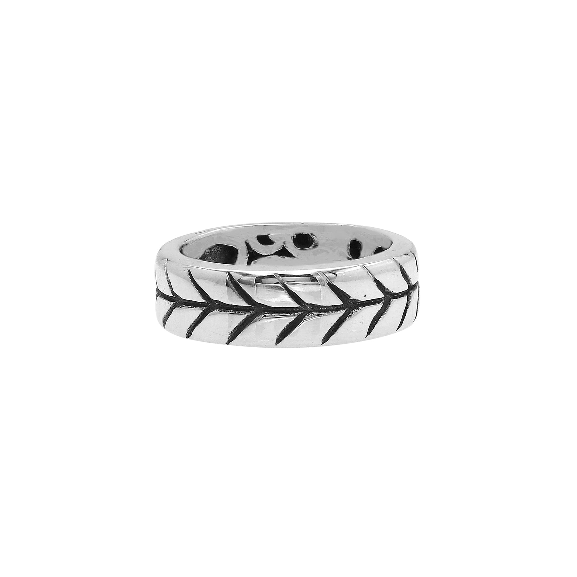 Handcrafted sterling silver band ring with detailed leaf pattern and oxidized finish, unisex artisan jewelry for everyday wear or gifting.