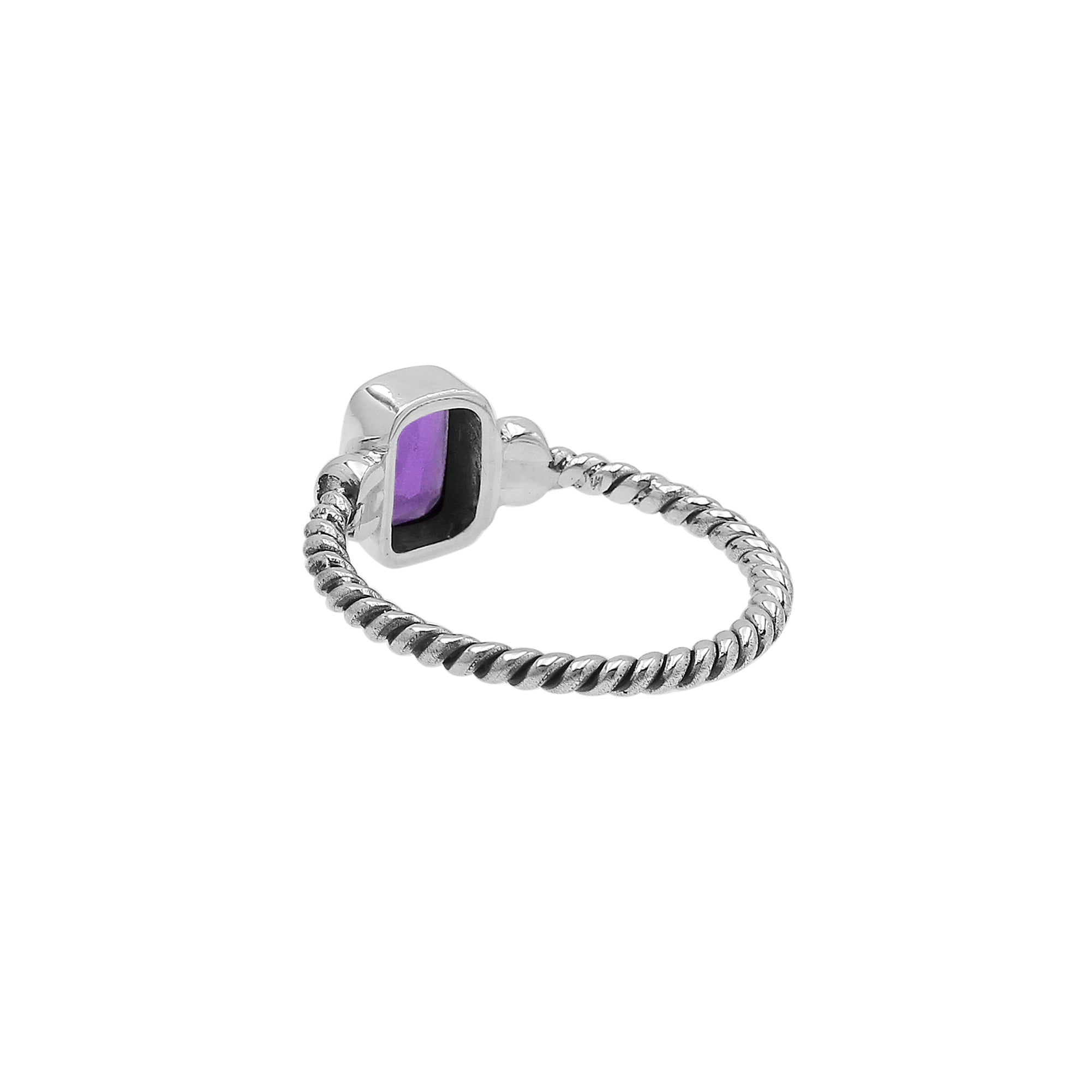 Handcrafted sterling silver twisted band ring with rectangular-cut Amethyst Quartz, artisan unisex jewelry for everyday wear or gifting.