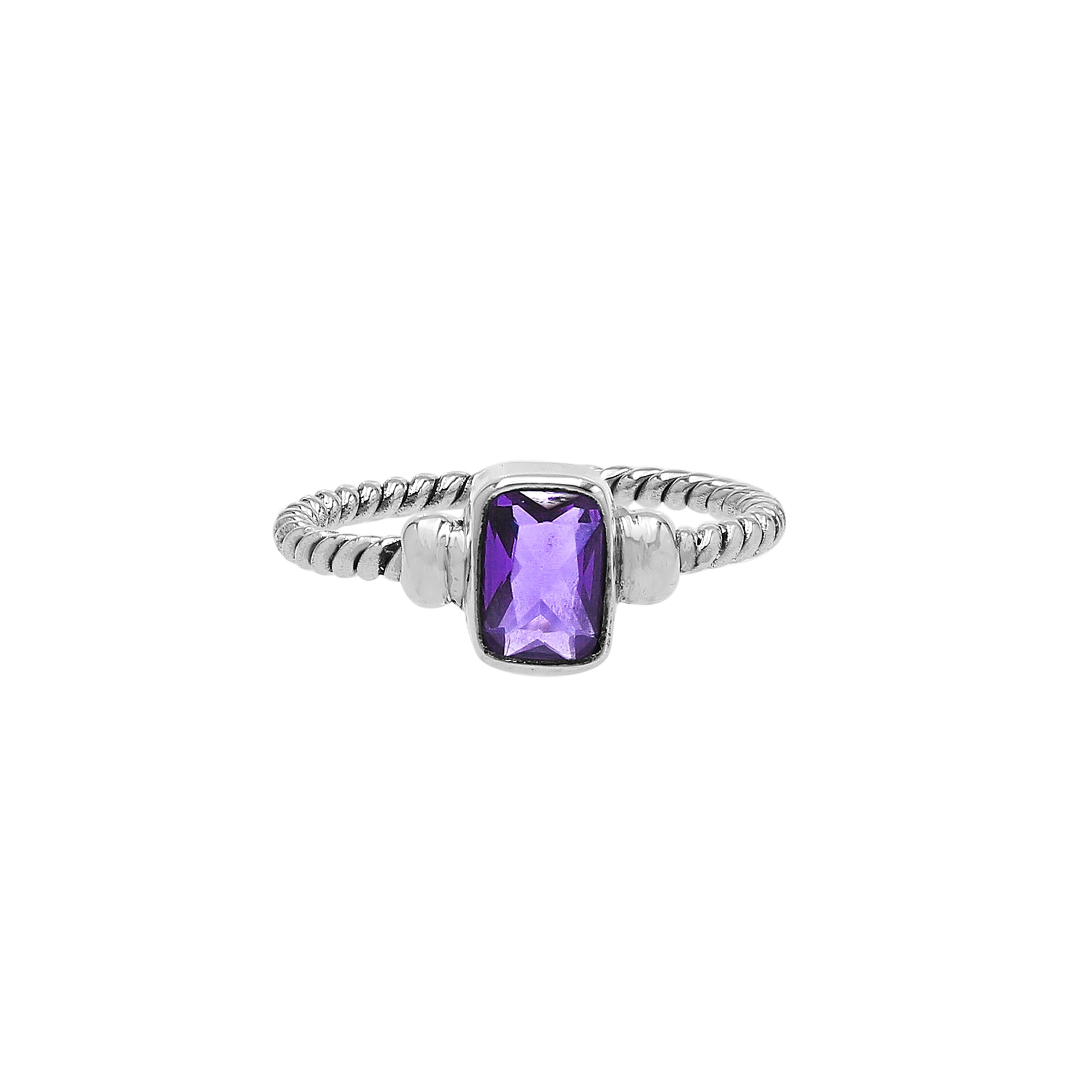 Handcrafted sterling silver twisted band ring with rectangular-cut Amethyst Quartz, artisan unisex jewelry for everyday wear or gifting.