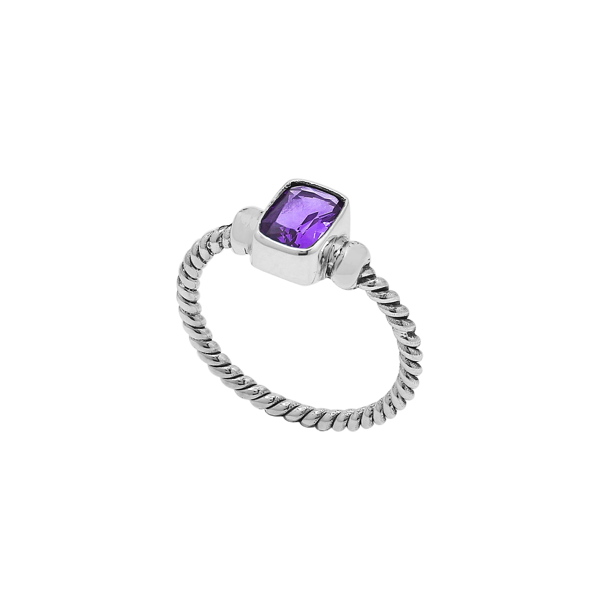 Handcrafted sterling silver twisted band ring with rectangular-cut Amethyst Quartz, artisan unisex jewelry for everyday wear or gifting.