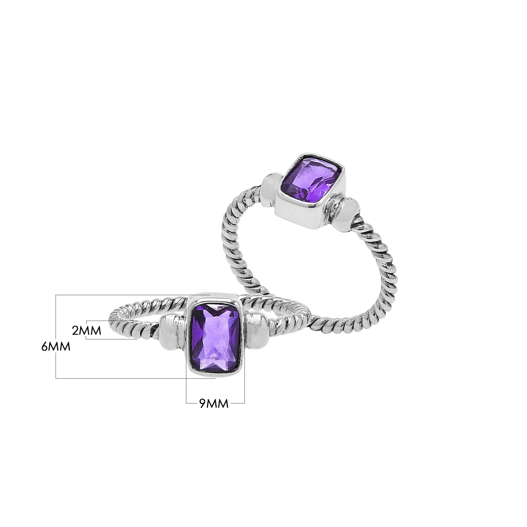 Handcrafted sterling silver twisted band ring with rectangular-cut Amethyst Quartz, artisan unisex jewelry for everyday wear or gifting.