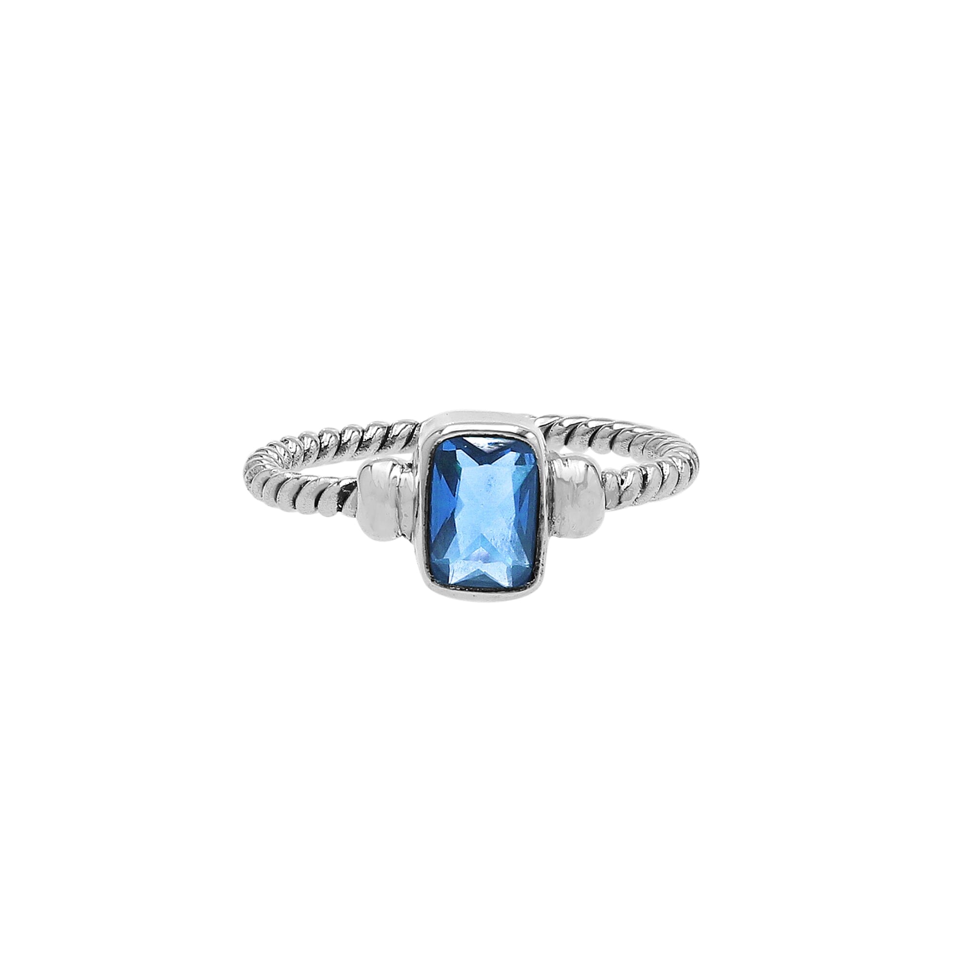 Handcrafted sterling silver twisted band ring with rectangular-cut Blue Topaz Quartz, artisan unisex jewelry for everyday wear or gifting.