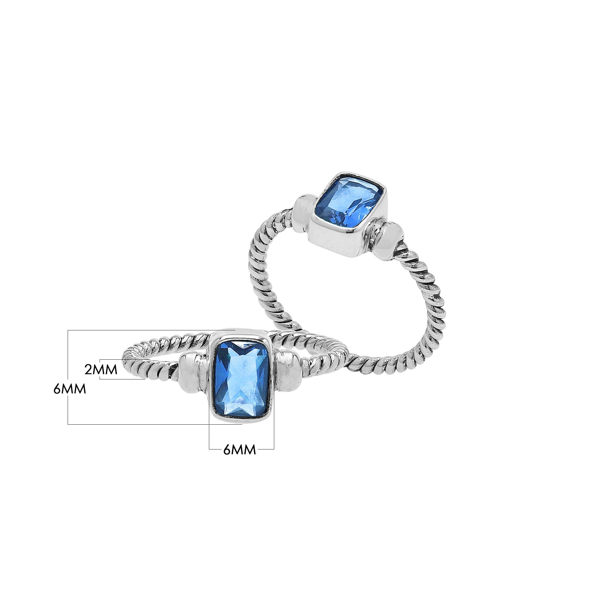 Handcrafted sterling silver twisted band ring with rectangular-cut Blue Topaz Quartz, artisan unisex jewelry for everyday wear or gifting.