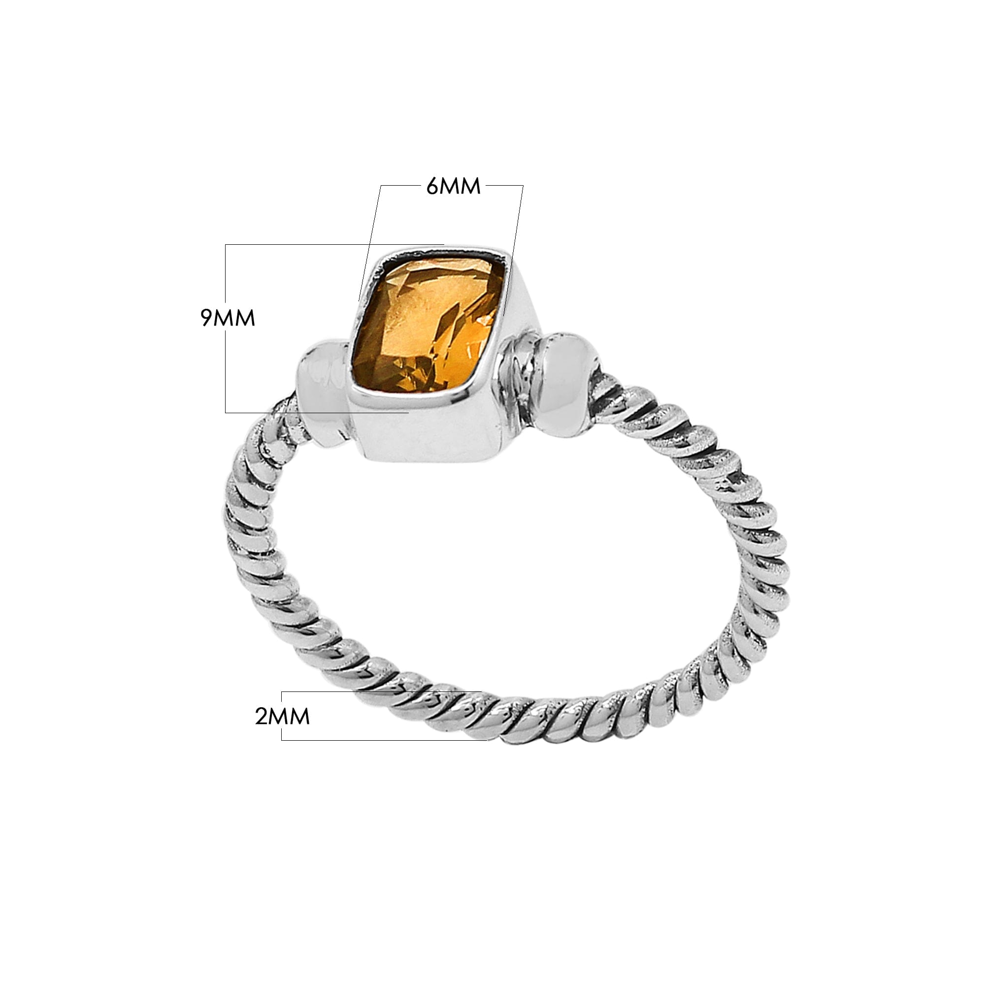 Handcrafted sterling silver twisted band ring with rectangular-cut Citrine Quartz, artisan unisex jewelry for everyday wear or gifting.