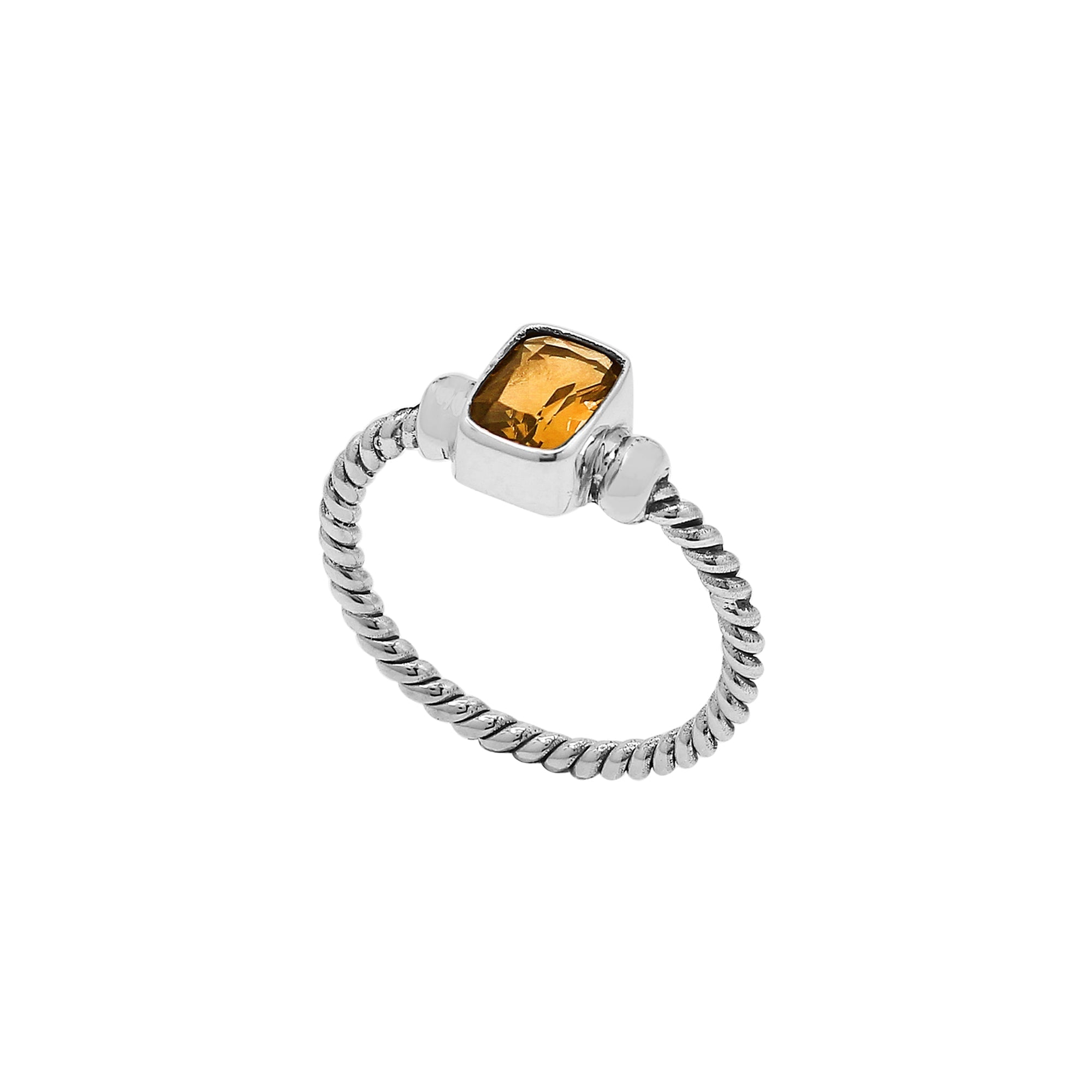 Handcrafted sterling silver twisted band ring with rectangular-cut Citrine Quartz, artisan unisex jewelry for everyday wear or gifting.