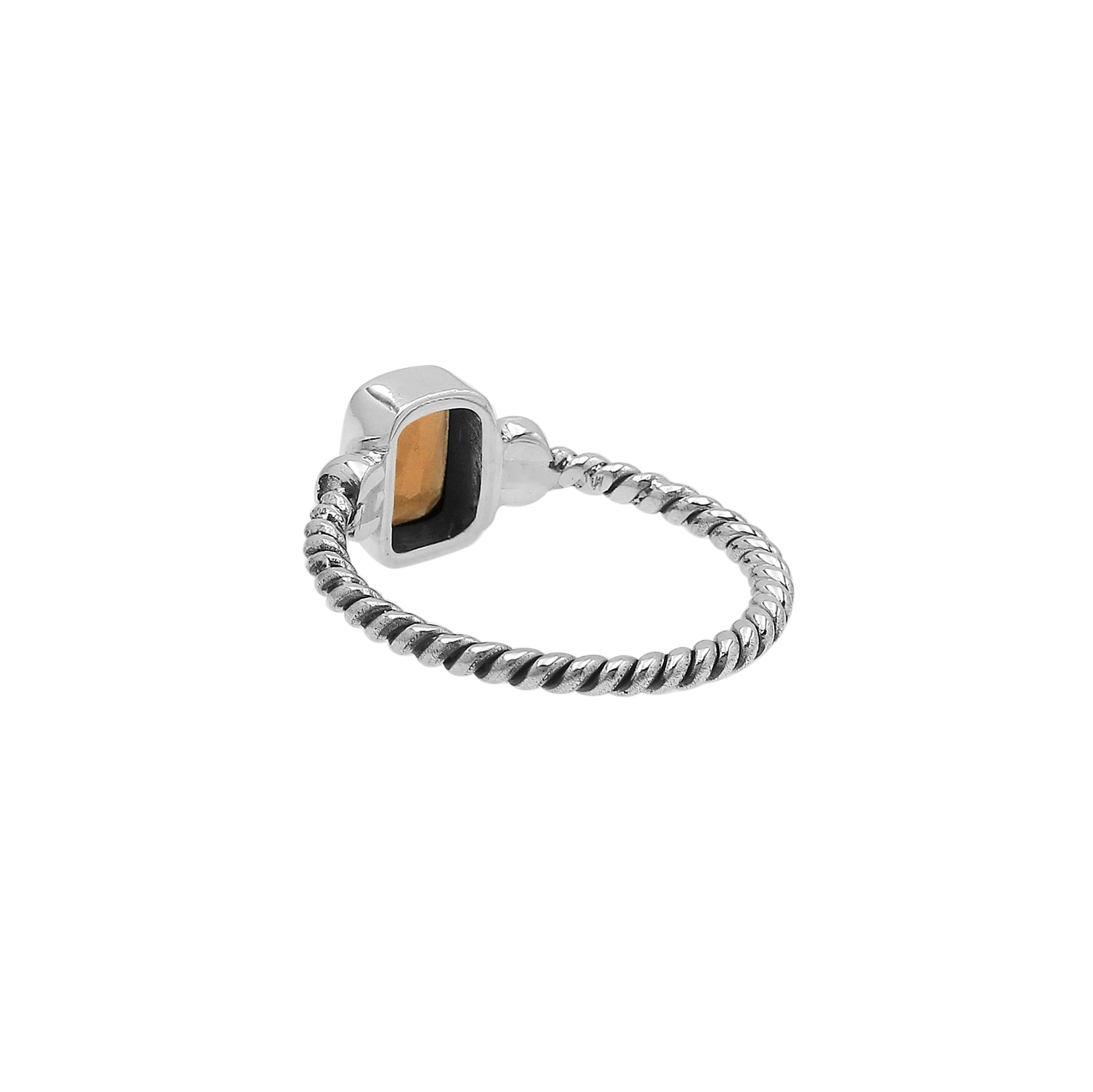 Handcrafted sterling silver twisted band ring with rectangular-cut Citrine Quartz, artisan unisex jewelry for everyday wear or gifting.