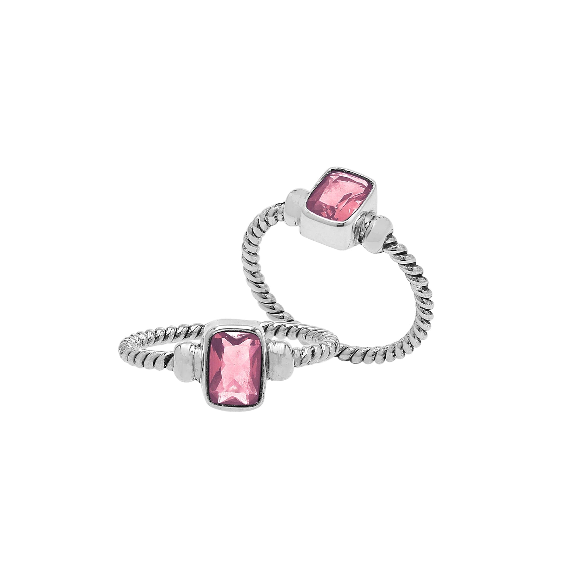 Handcrafted sterling silver twisted band ring with rectangular-cut Pink Quartz, artisan unisex jewelry for everyday wear or gifting.