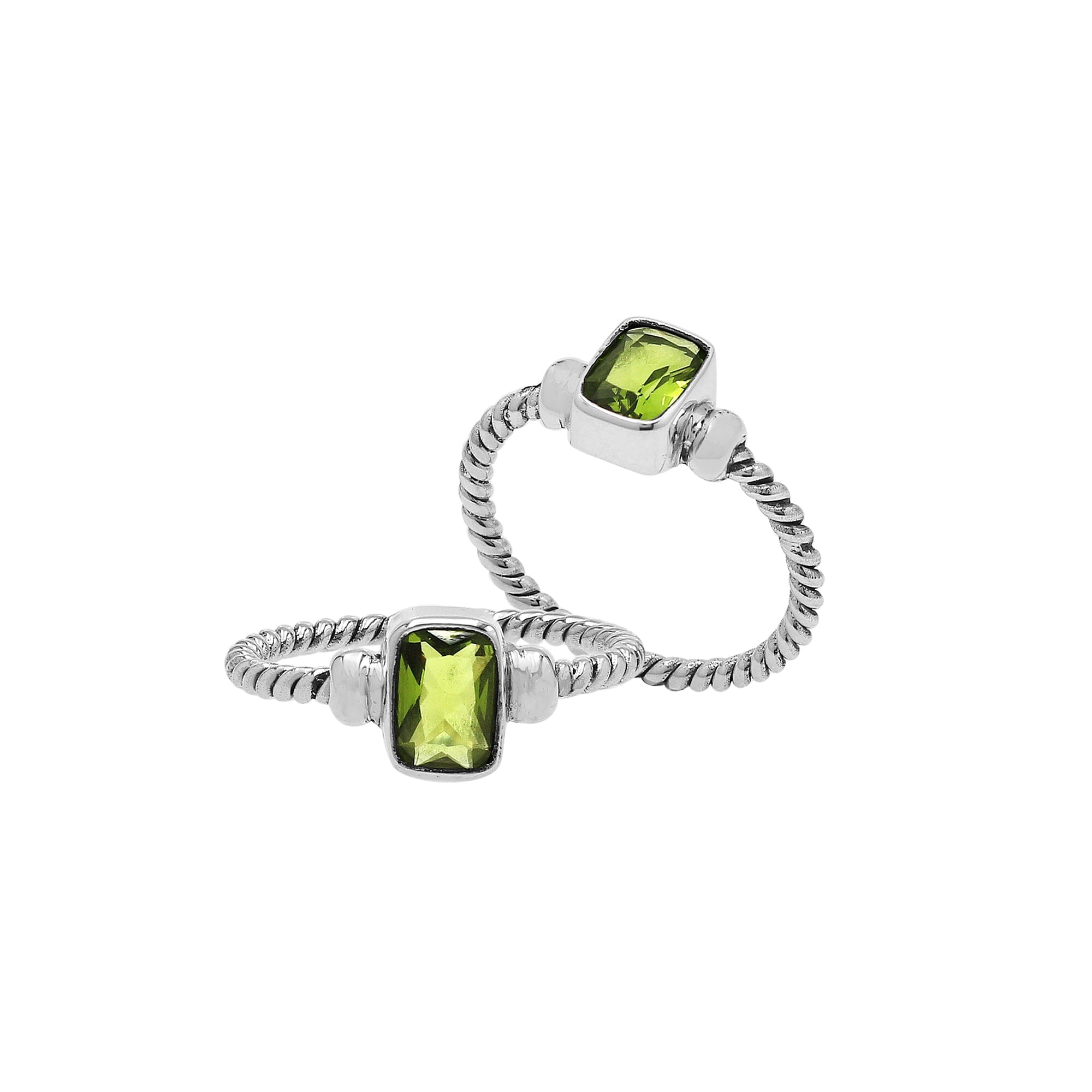Handcrafted sterling silver twisted band ring with rectangular-cut Peridot Quartz, artisan unisex jewelry for everyday wear or gifting.