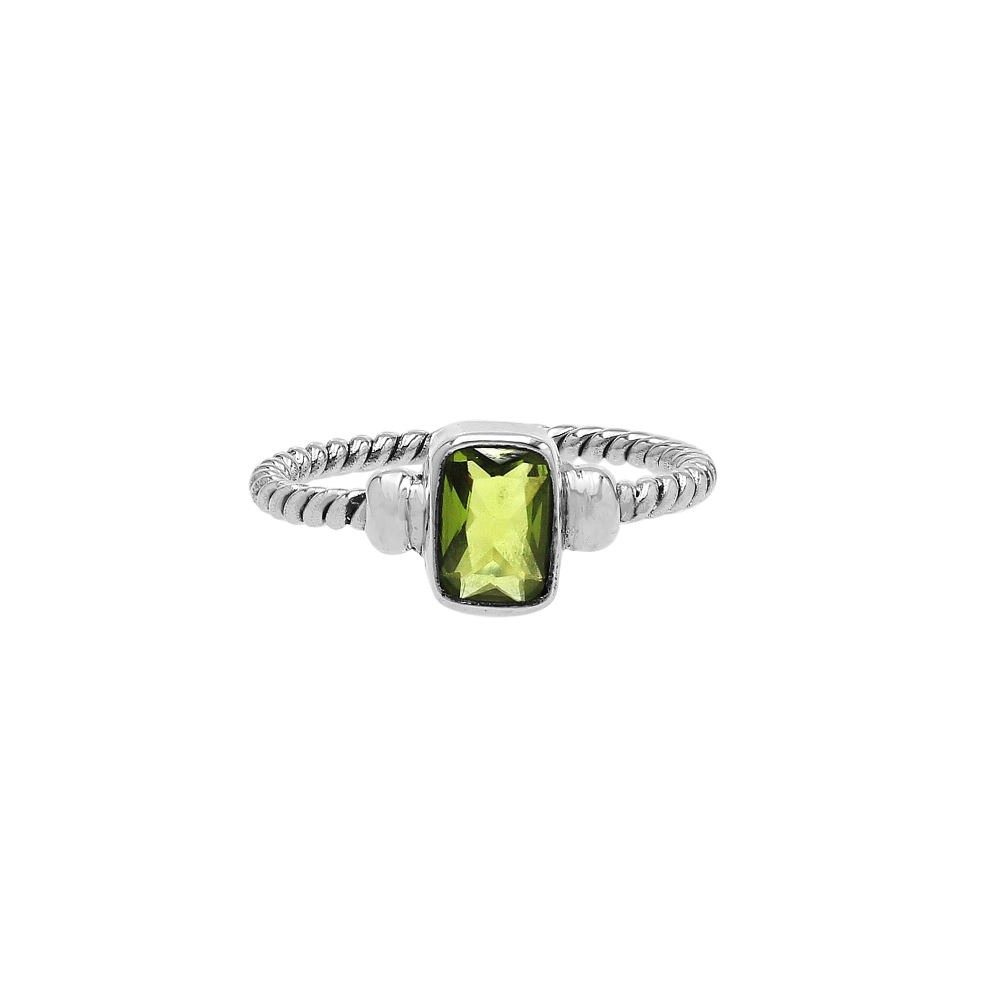 Handcrafted sterling silver twisted band ring with rectangular-cut Peridot Quartz, artisan unisex jewelry for everyday wear or gifting.
