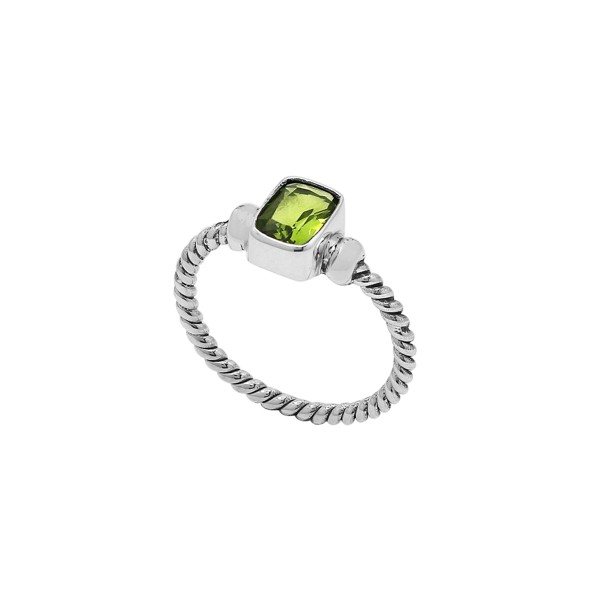 Handcrafted sterling silver twisted band ring with rectangular-cut peridot gemstoneHandcrafted sterling silver twisted band ring with rectangular-cut Peridot Quartz, artisan unisex jewelry for everyday wear or gifting., artisan unisex jewelry for everyday wear or gifting.