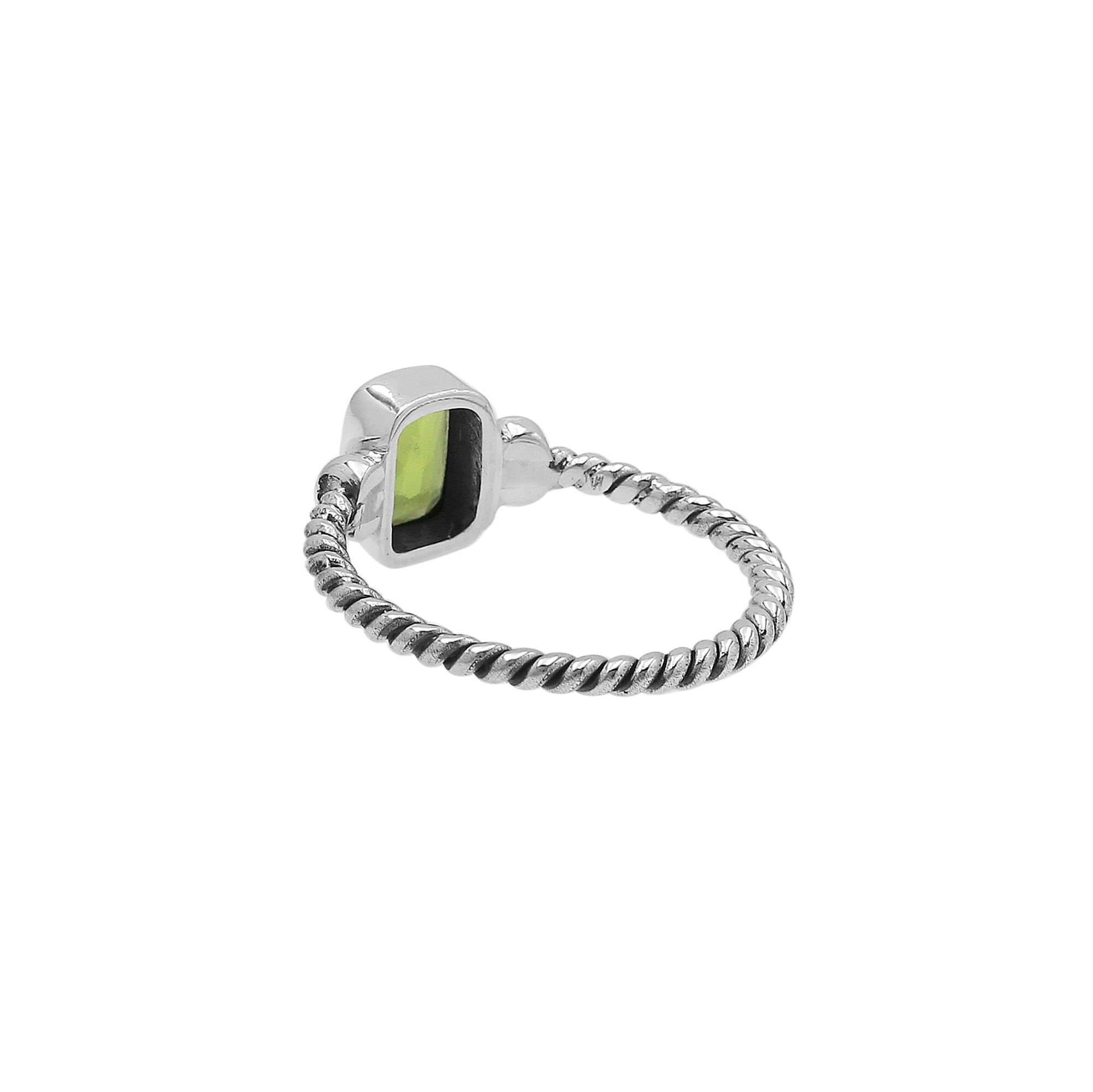 Handcrafted sterling silver twisted band ring with rectangular-cut Peridot Quartz, artisan unisex jewelry for everyday wear or gifting.