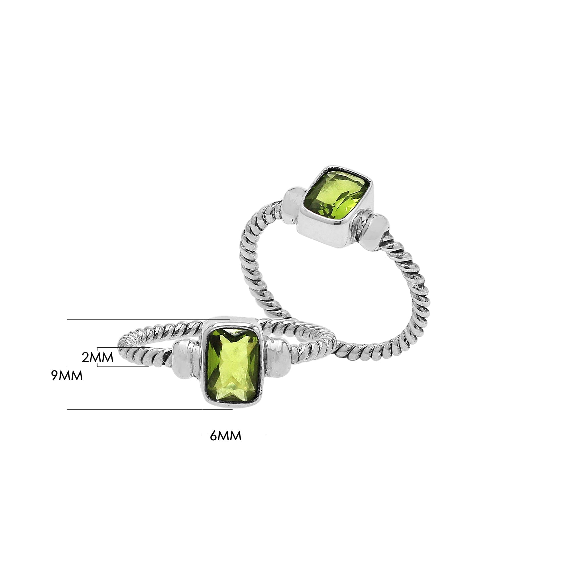 Handcrafted sterling silver twisted band ring with rectangular-cut Peridot Quartz, artisan unisex jewelry for everyday wear or gifting.